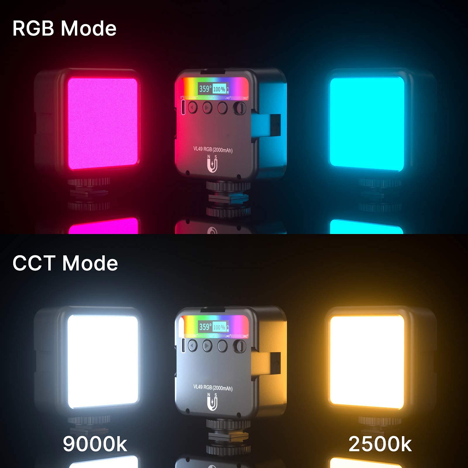 RGB LED Video Light - Mini LED Camera Light with 3 Cold Shoe Mounts & Magnetic Adsorption | 2500K-9500K Adjustable Color Temperature & Brightness | Portable Photography Lighting for YouTube, TikTok, Live Streaming & Vlogging