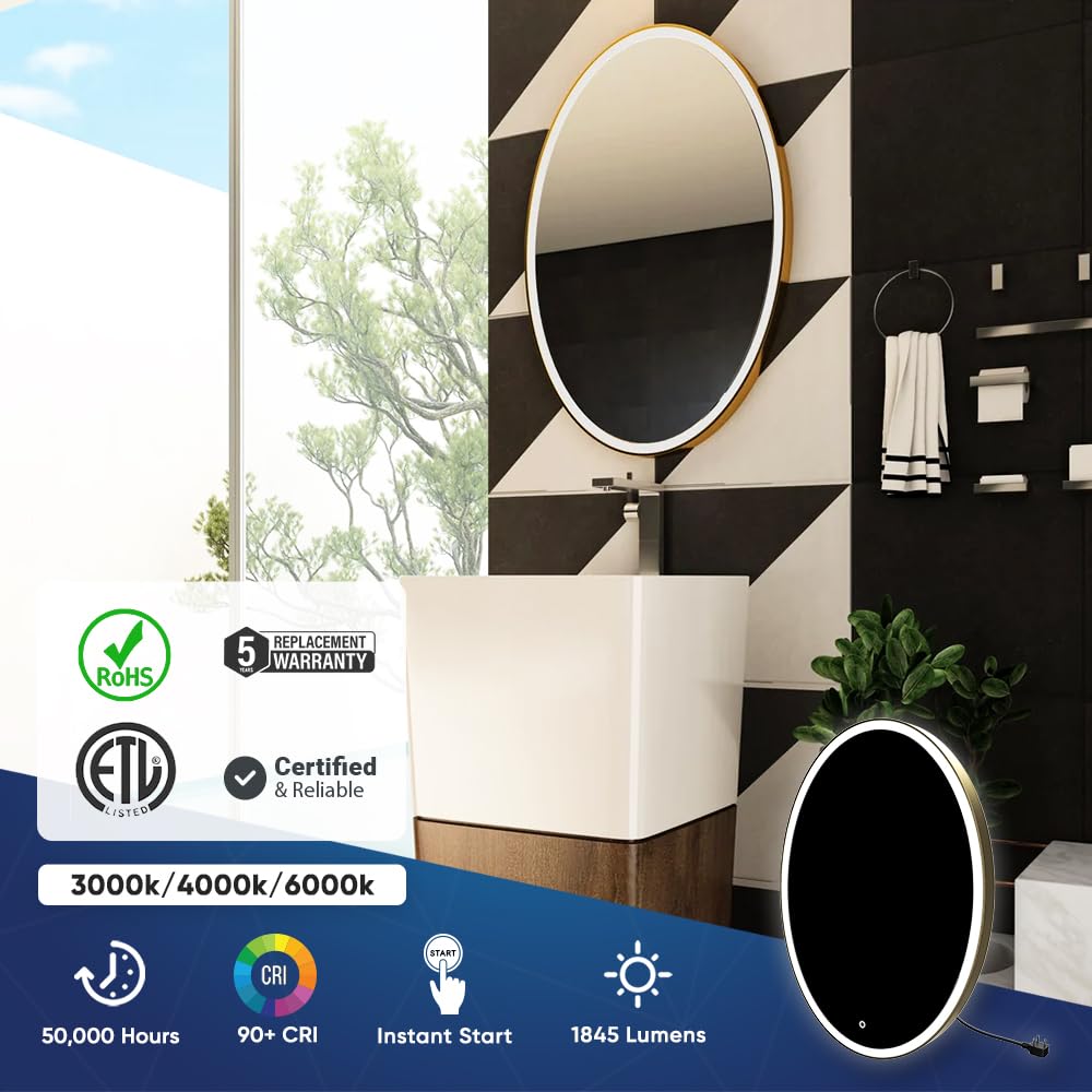 LEDMyplace 24x32 Inch Oval LED Bathroom Mirror with Adjustable CCT (3000K/4000K/6000K), Anti-Fog, High CRI 90+, Touch Control - Wall Mounted Vanity Makeup Mirror with Memory Function - Perfect for Modern Bathrooms, Dressing Rooms & Makeup Studios