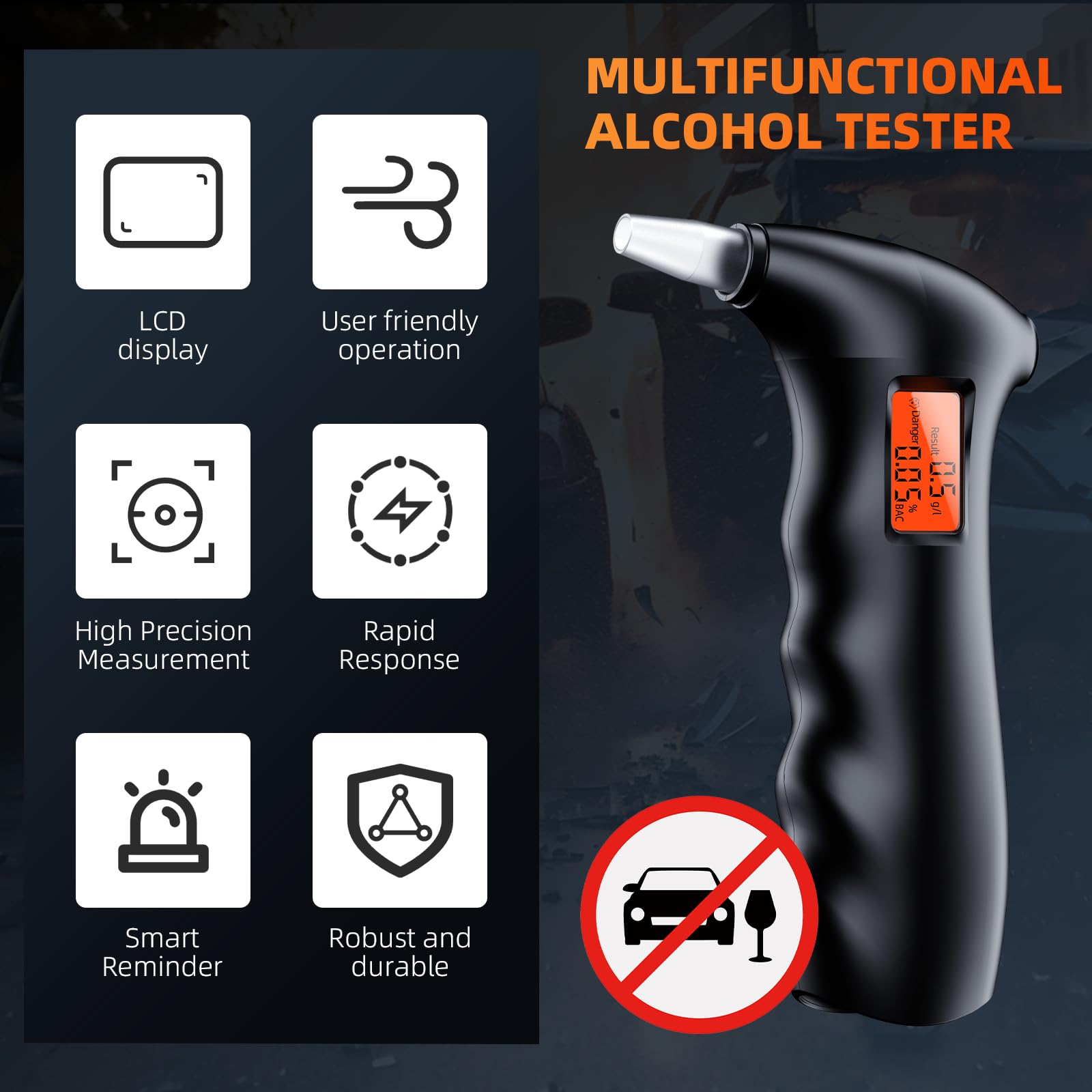Portable Alcohol Breathalyzer Tester - Compact Personal & Professional Use with Orange LCD Digital Display & 10 Reusable Mouthpieces | Perfect for Home, Office, Parties, and Road Safety Checks