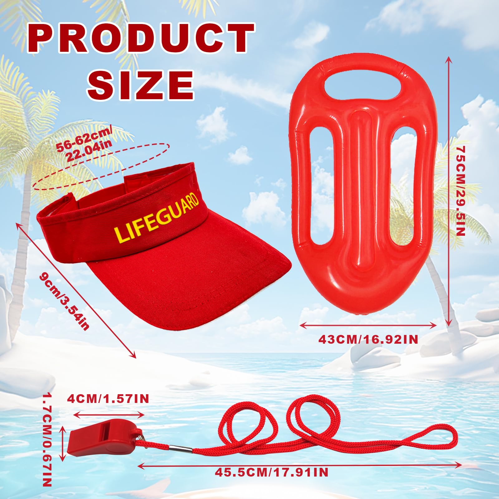 Baywatch Lifeguard Costume Set - 3-Piece Halloween Outfit with Adjustable Inflatable Hat & Lanyard Whistle - Red Lifesaving Accessories for Beach Party, Cosplay, and Halloween Costume Events