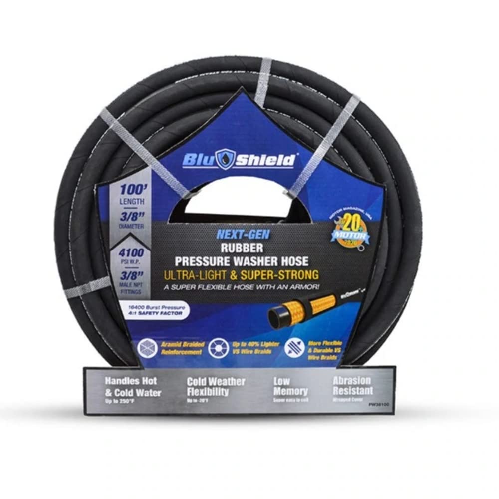 **BluShield Aramid Braided Rubber Pressure Washer Hose - 4100 PSI, 250°F Hot & Cold Water Resistant, Heavy Duty, 35% Lighter & Flexible (3/8