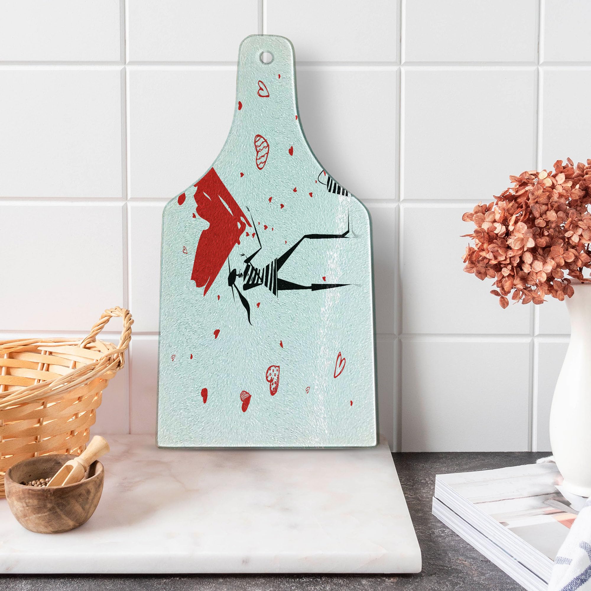 Lunarable Fashion Cutting Board - Urban Lady with High Heels & Giant Valentine's Day Heart Print - Decorative Tempered Glass Serving Board - Wine Bottle Shape in White, Black & Red - Perfect for Romantic Dinners, Valentine's Gifts & Kitchen Decor