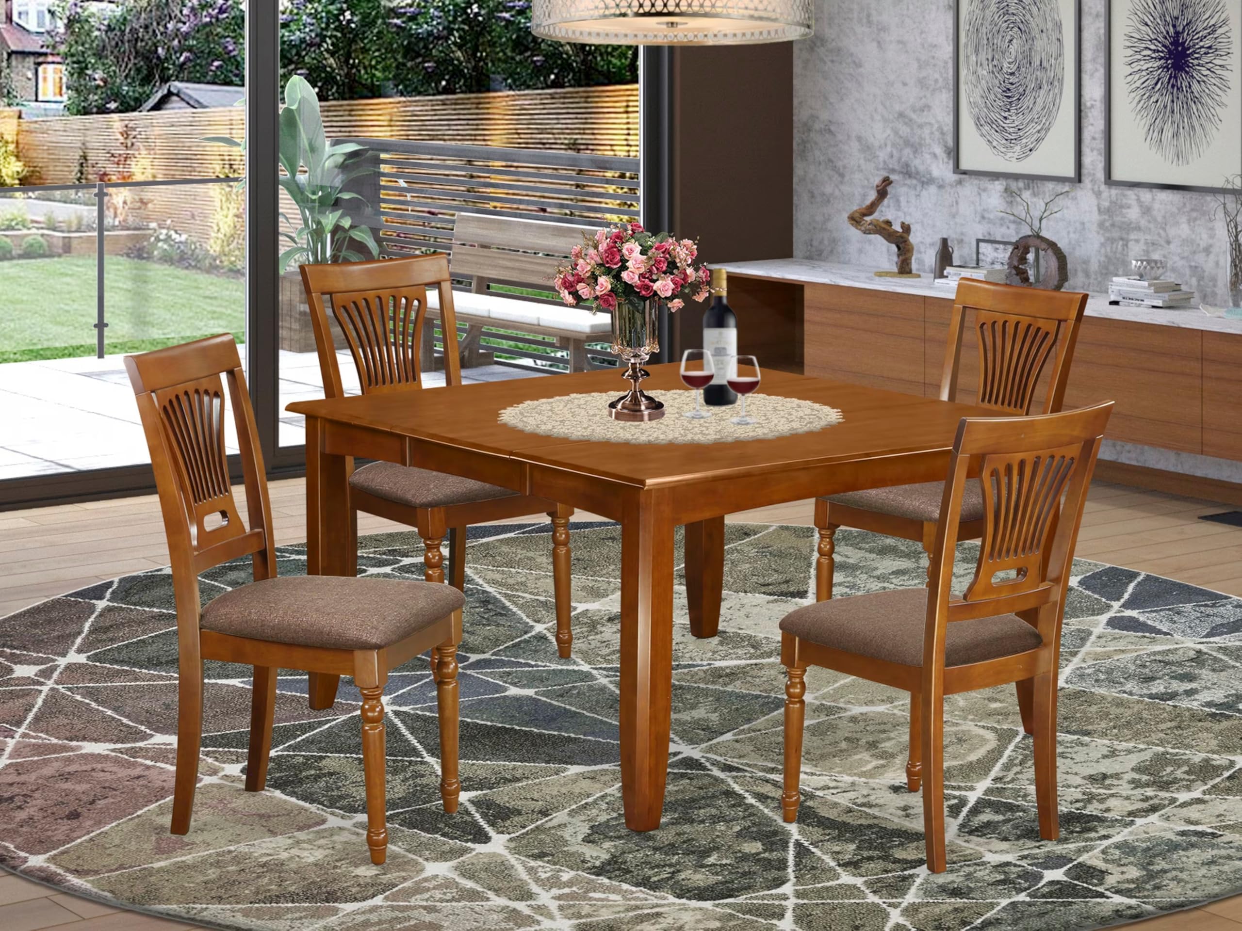 East West Furniture 5-Piece Dining Room Set - Square Wooden Table with Butterfly Leaf & 4 Linen Fabric Chairs, 54x54 Inch, Saddle Brown - Perfect for Small Space Dining Rooms, Breakfast Nooks, and Cozy Kitchens