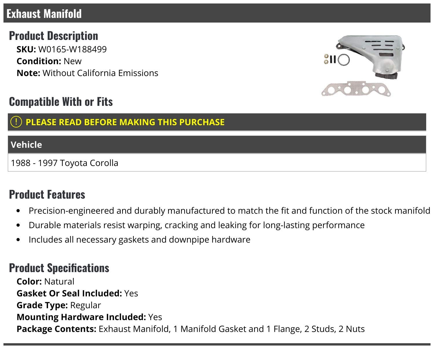 High-Performance Exhaust Manifold with Gasket, Flange, Studs & Nuts - Compatible with 1988-1997 Toyota Corolla (Non-CA Emissions) - Direct Replacement for Improved Engine Performance & Fuel Efficiency - Perfect for DIY Auto Repair & Engine Upgrades