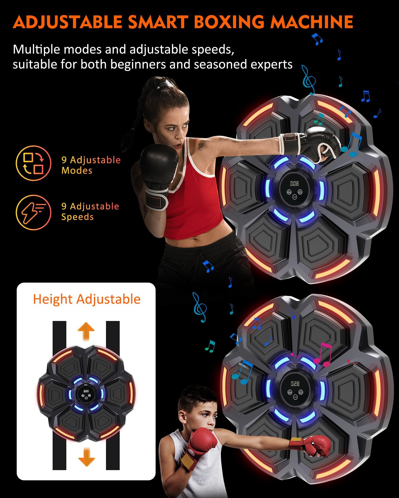 Snawowo Bluetooth Music Punching Bag for Adults - LED Boxing Training Equipment with Gloves, 9 Modes & 9 Speeds, Wall Mounted Home Gym Workout Machine for Indoor Fitness & Stress Relief | Perfect for Home Gym, Boxing Training, Cardio Exercise & Stress Management