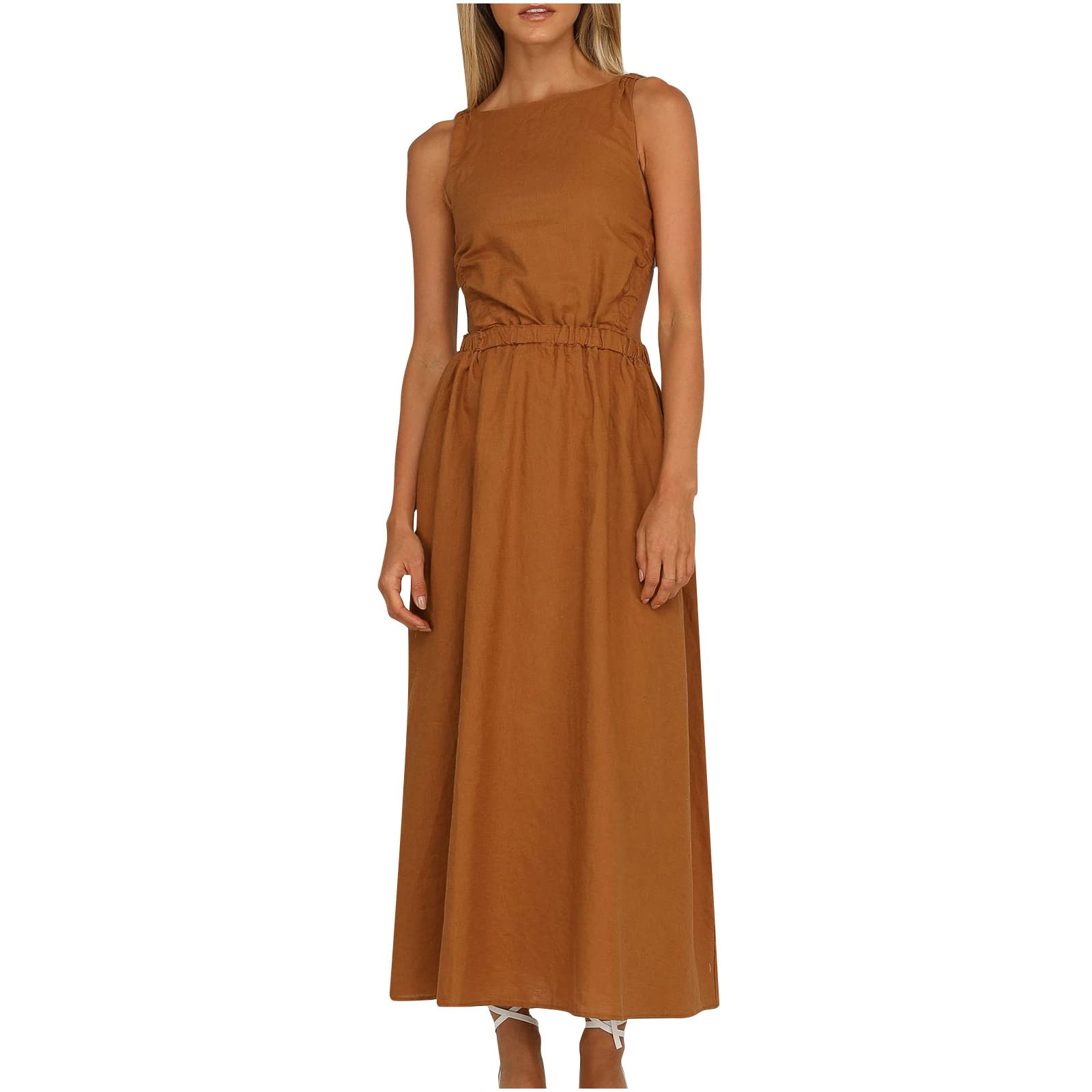 Sexy Backless Solid Color Sleeveless Summer Dresses for Women - Cutout Waist Long Beach Sun Dress - Perfect for Vacation, Pool Party & Date Night