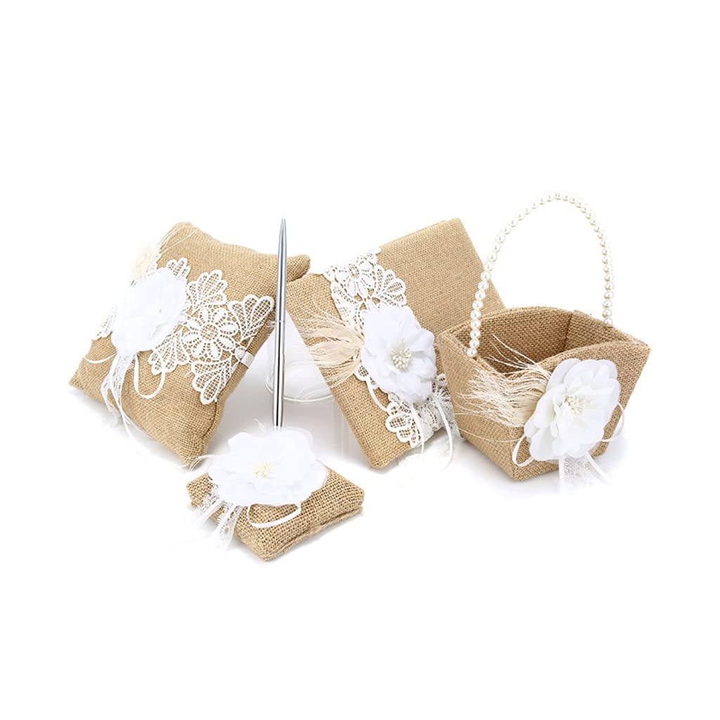 JYDQM 5-Piece Burlap Wedding Guest Book Set with Pen, Pen Stand, Ring Pillow & Flower Basket - Rustic Wedding Decor for Guest Signing, Ring Ceremony & Floral Arrangements