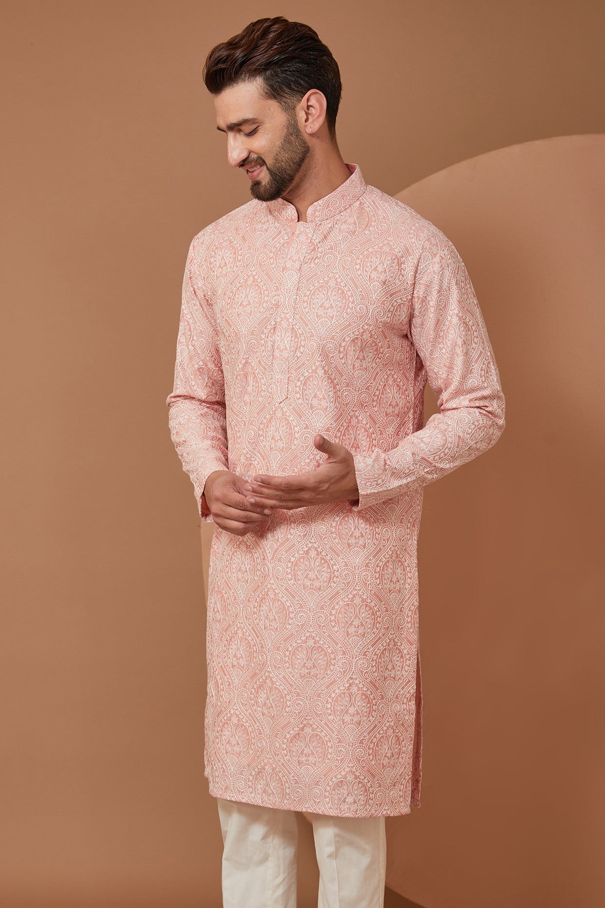 Elegant Peach Embroidered Kurta with White Threadwork - Perfect for Festivals, Weddings & Ethnic Fashion