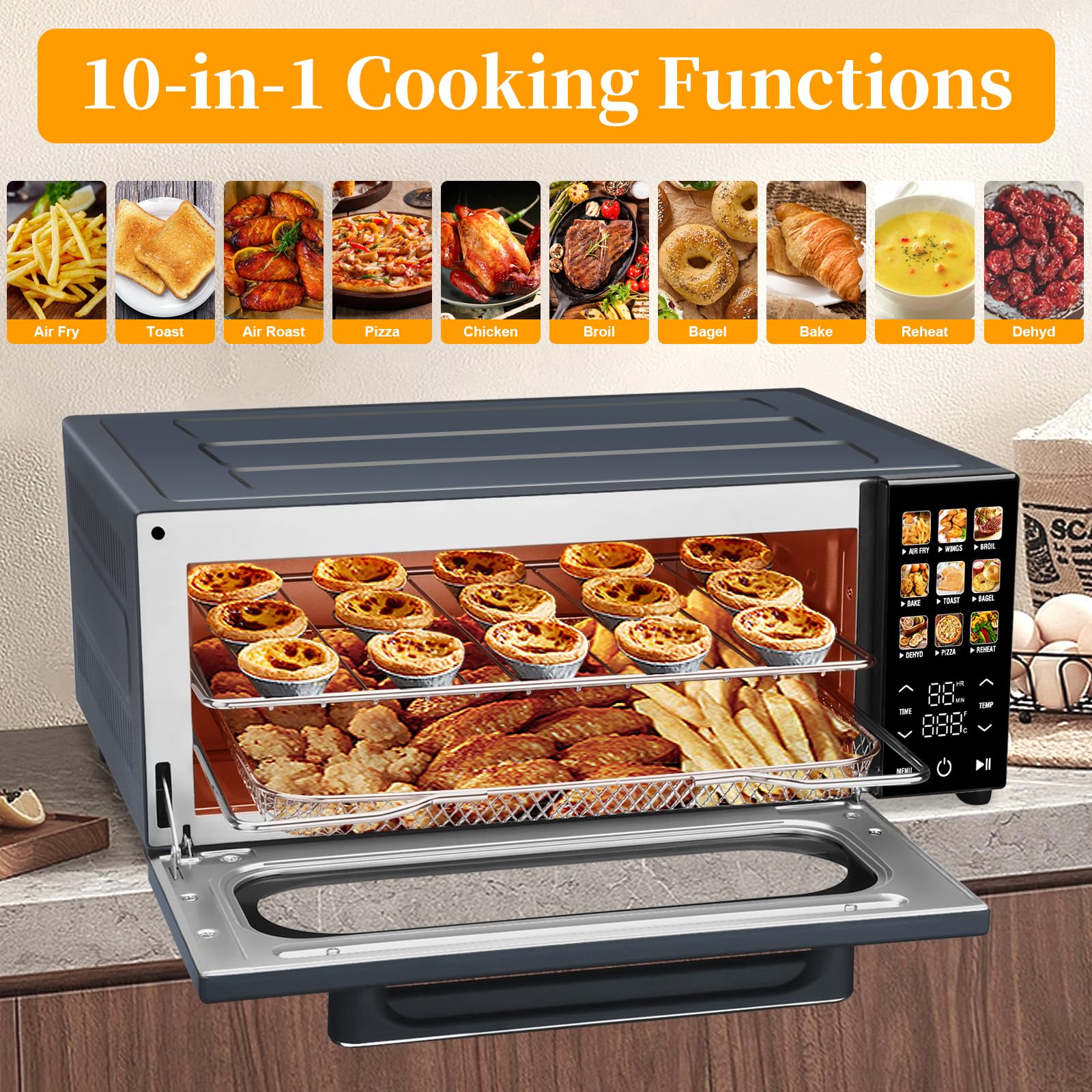 SEEDEEM 10-in-1 Air Fryer Toaster Oven with Convection - 15L Capacity, LCD Touch Screen Display, 1800W Countertop Oven for Baking, Roasting, Dehydrating - Includes 4 Accessories (Ash Gray) - Perfect for Small Kitchens, Dorms & RV Cooking