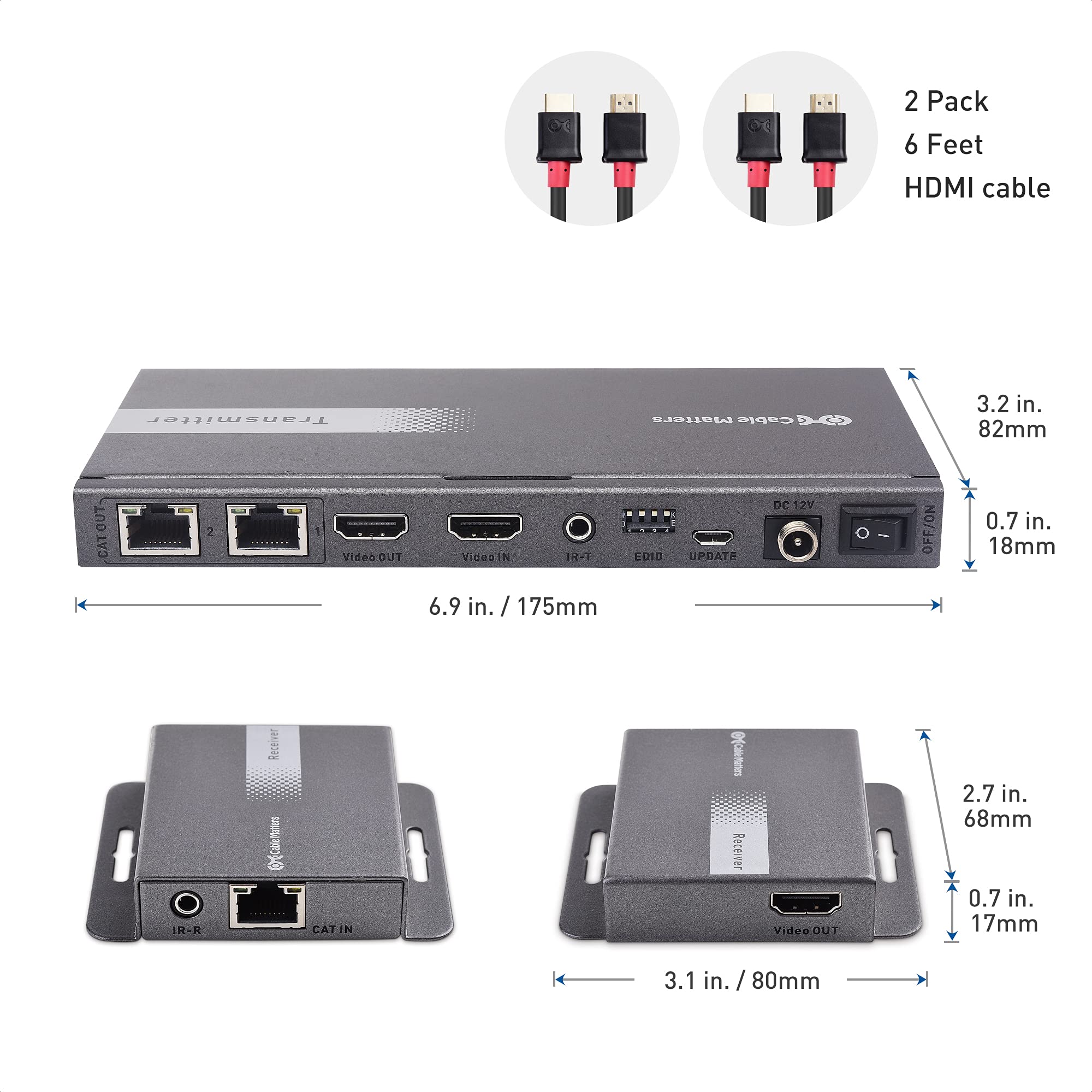 Cable Matters 4K 1x2 HDMI Extender Splitter - 4K HDMI Over Ethernet Extender Kit for 1-to-2 Setups | Supports 4K@60Hz up to 131ft & 1080p@60Hz up to 230ft | Ideal for Home Theater, Gaming & Conference Room Setup