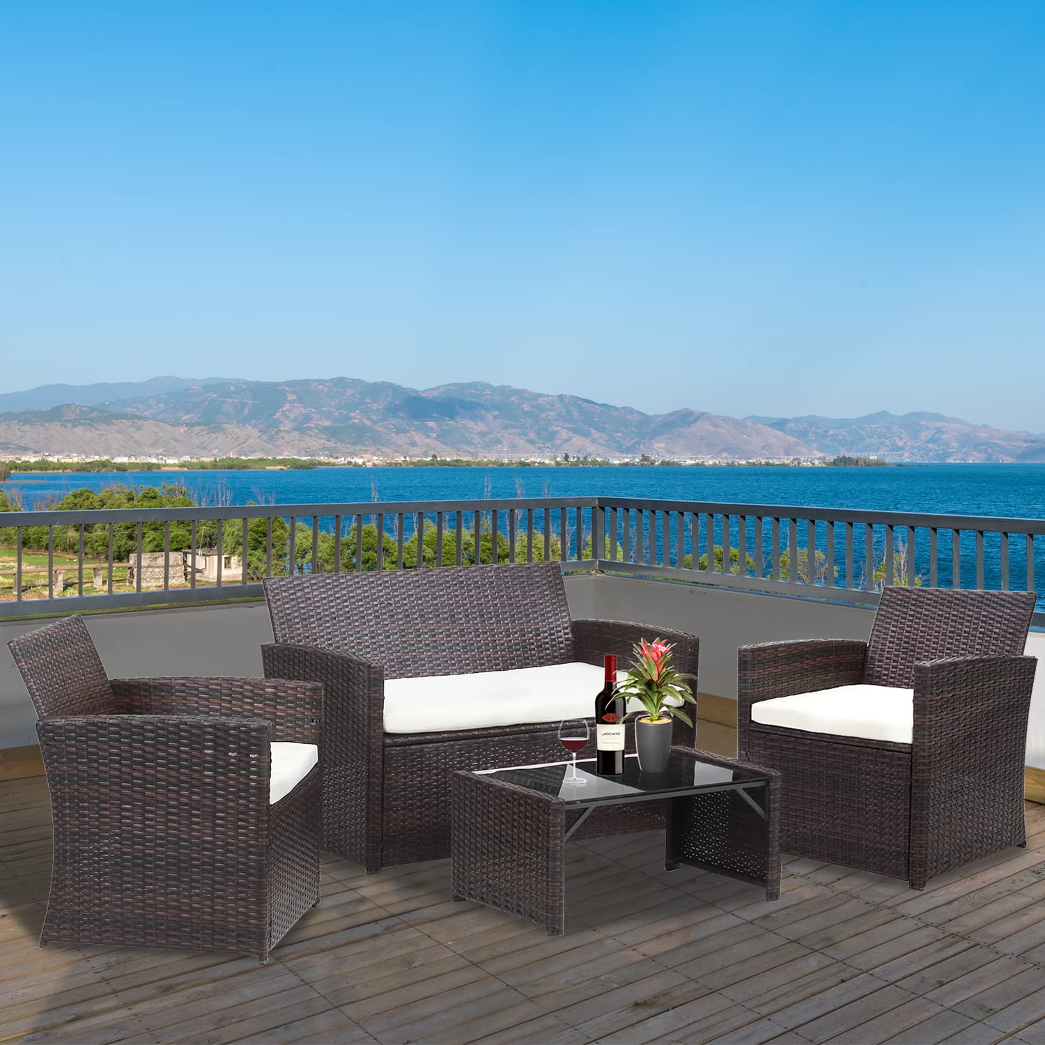 Saemoza 4-Piece Outdoor Patio Furniture Set - Wicker Rattan Sofa with Tempered Glass Tabletop - Perfect for Backyard, Garden & Poolside Relaxation
