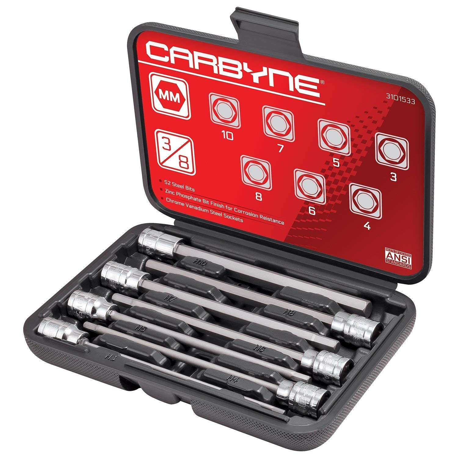 CARBYNE 47-Piece Hex Bit Socket Set - 33 Master + 7 Extra Long Metric & 7 Extra Long SAE - Professional Grade Tool Kit for Automotive Repair & DIY Projects