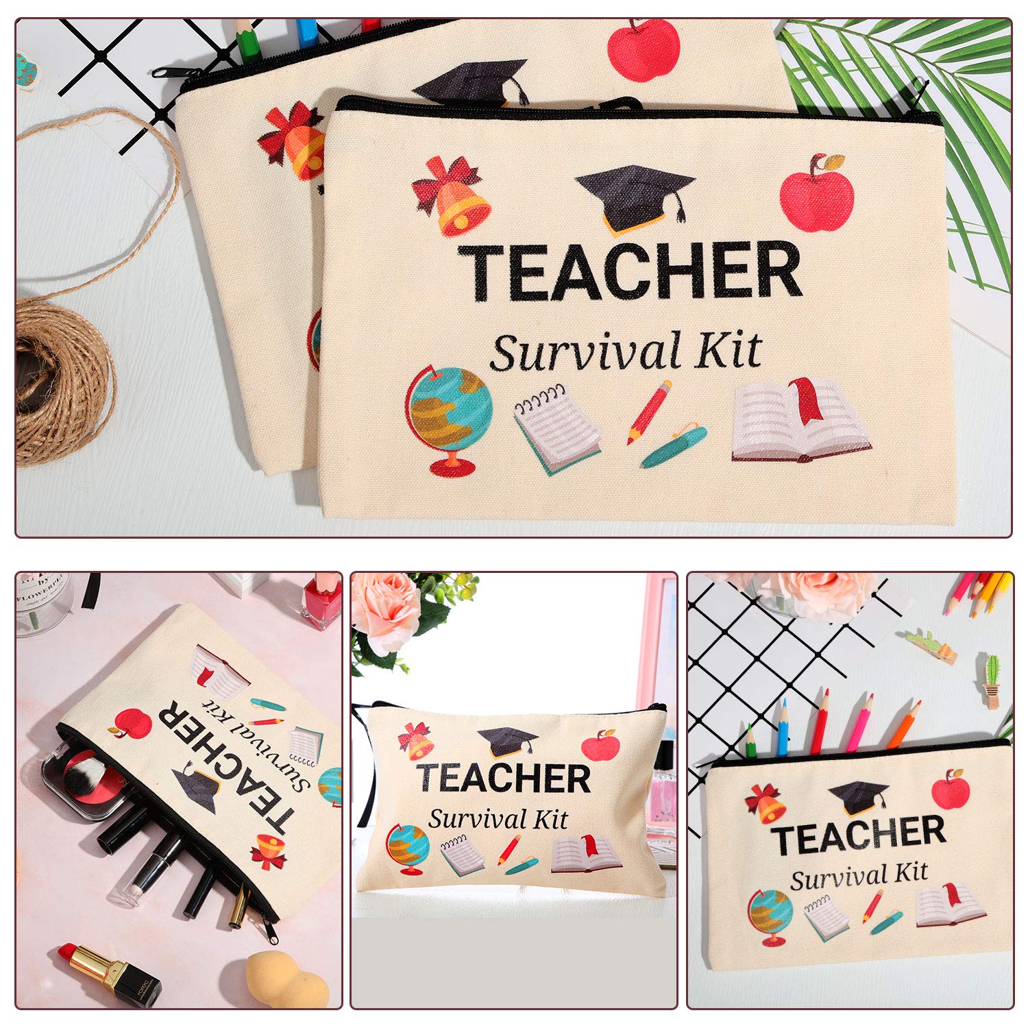 15-Piece Canvas Makeup Bag Set for Teachers - Cosmetic Pouch, Pencil Case & Travel Toiletry Organizer with Zipper - Perfect Teacher Appreciation Gift (3 Styles) - Great for School, Travel & Daily Organization