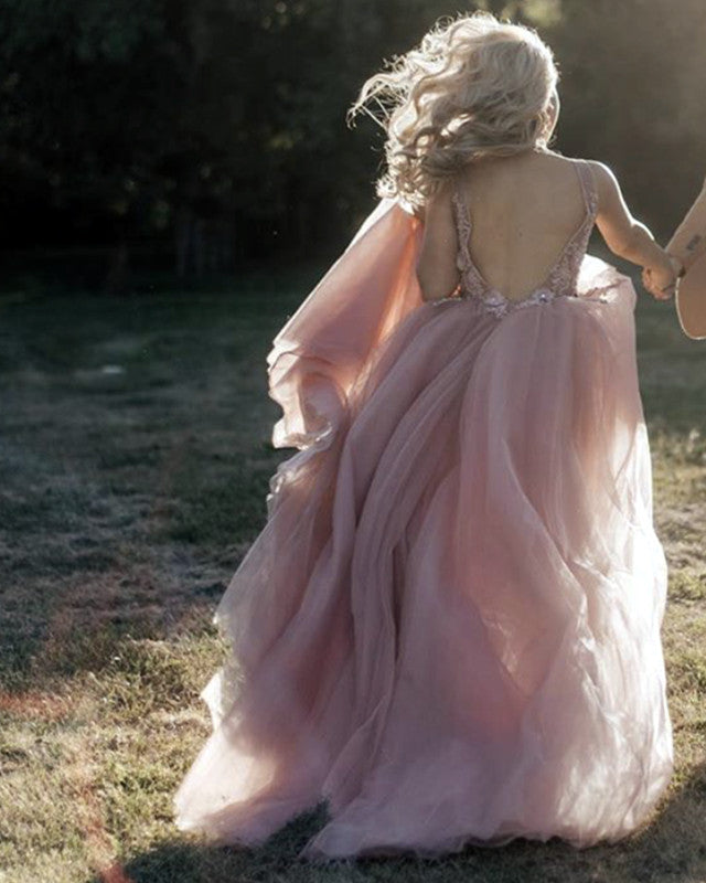 Elegant Blush Pink Tulle Wedding Dress with Lace Flower Embroidery and Beaded Details - Perfect for Bridal Gowns, Formal Events & Romantic Photoshoots
