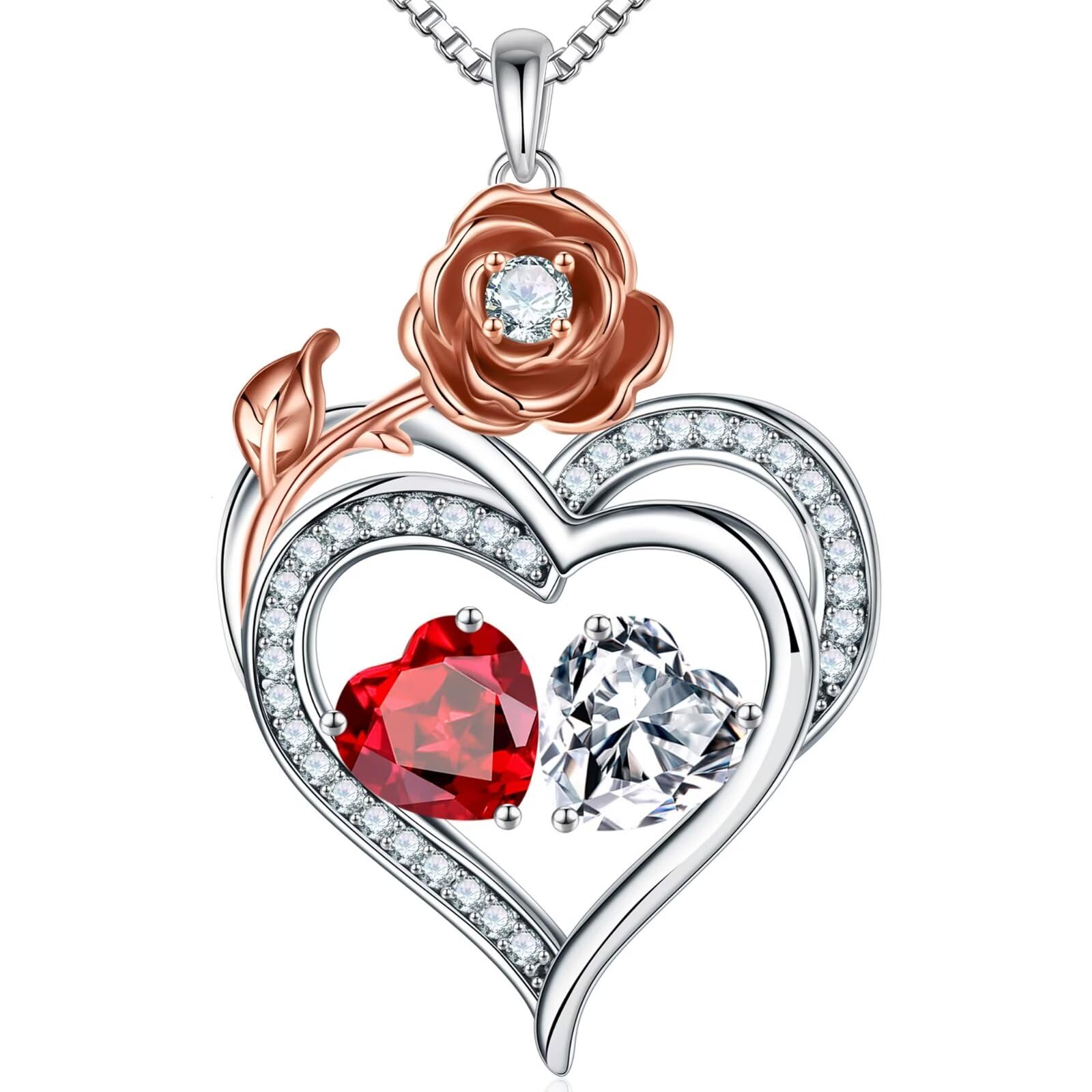 Rose Heart Birthstone Necklace for Women - Elegant Gemstone Jewelry Gift for Wife, Mom, Grandma | Valentine's Day, Mother's Day, Birthday Gift Idea | Perfect for Anniversaries, Weddings & Special Occasions