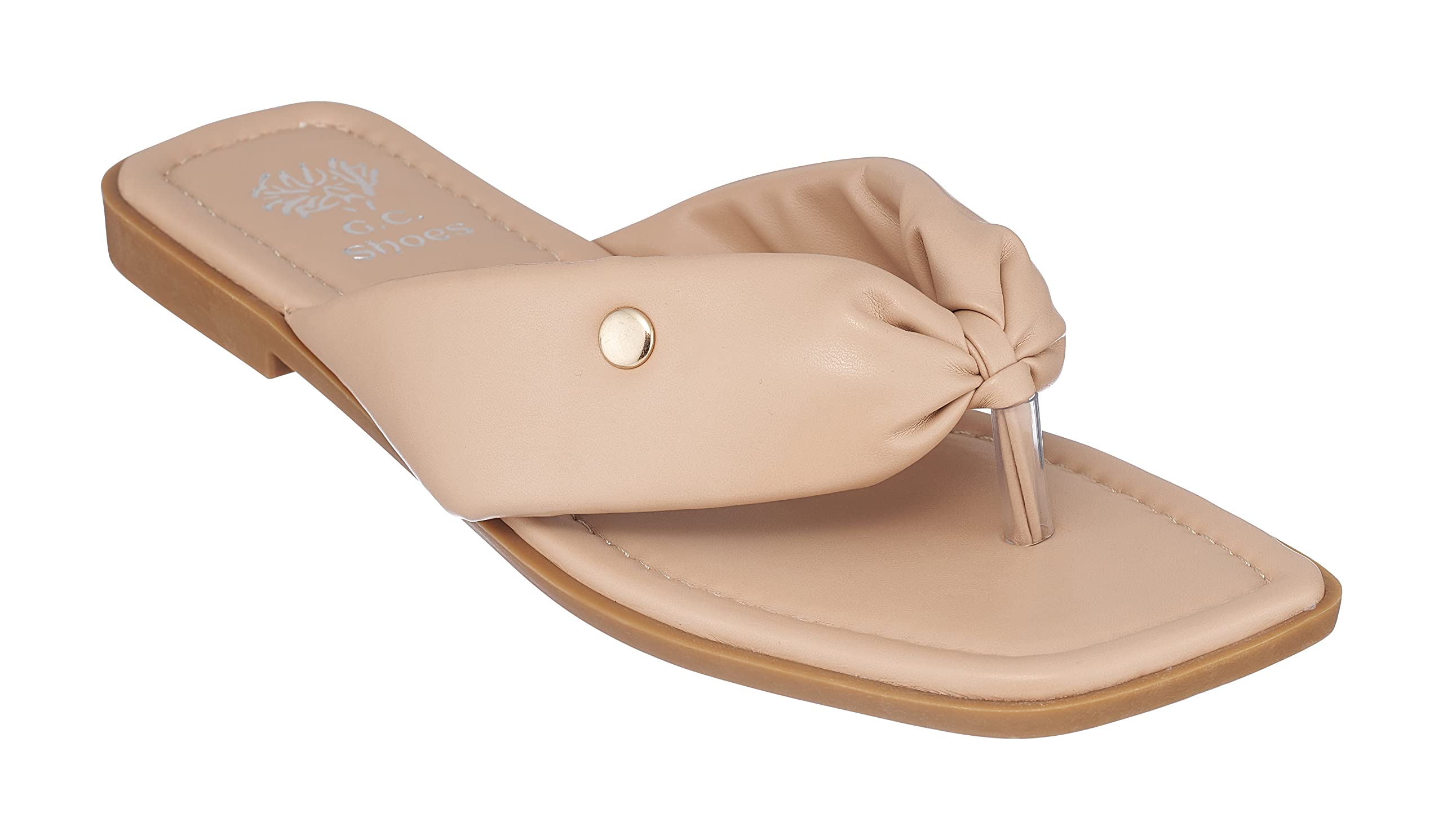 Women's GC Shoes Faux Leather Flat Sandals - Slip On Summer Slides with Single Knot Band & Knotted Cross Design - Comfortable Padded Thong Sandals for Beach, Vacation and Casual Wear
