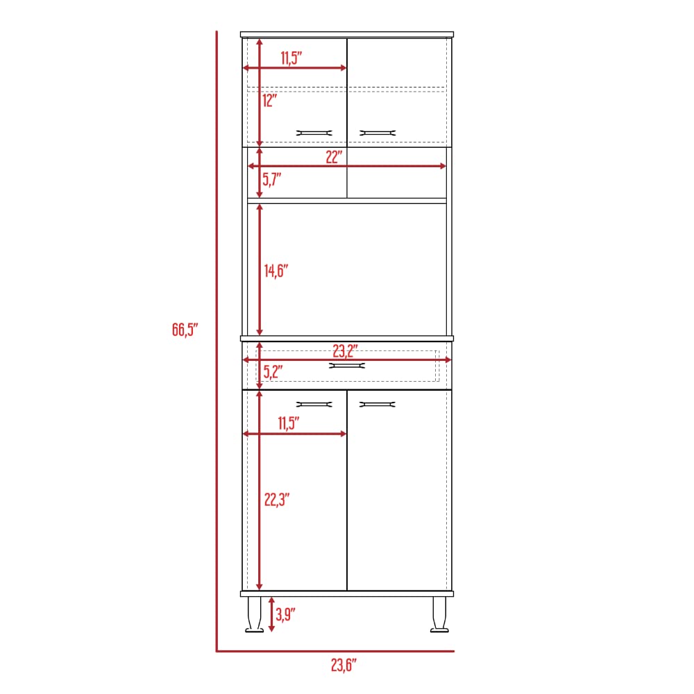 White Modern Kitchen Pantry Cabinet with 2 Double Doors, Drawer & 2 Open Shelves - 4 Sturdy Metal Legs for Bay Area Homes | Perfect for Small Kitchens, Apartments & Dining Room Storage