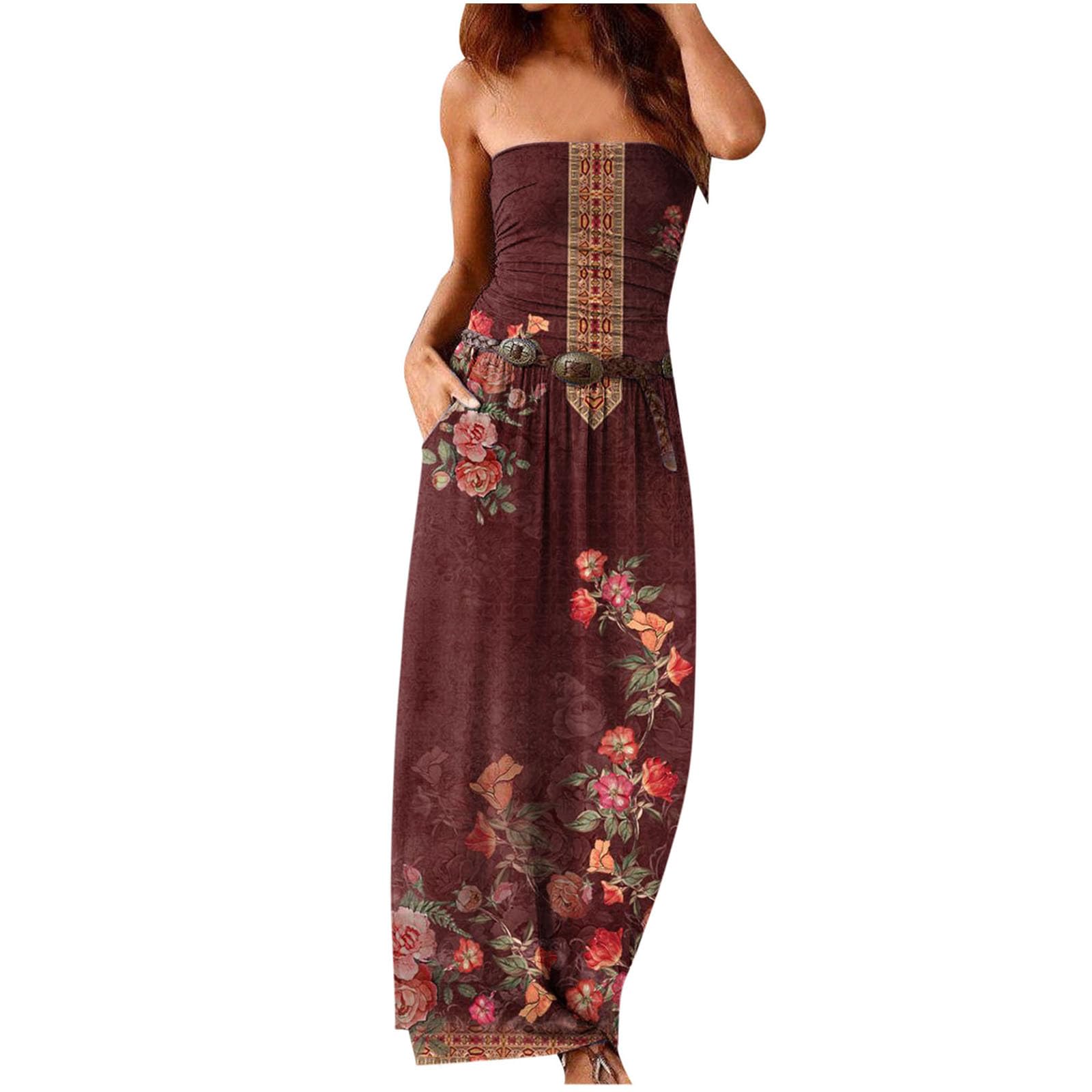 Strapless Floral Bodycon Maxi Dress - Summer Boho Sundress with Pockets for Beach & Party