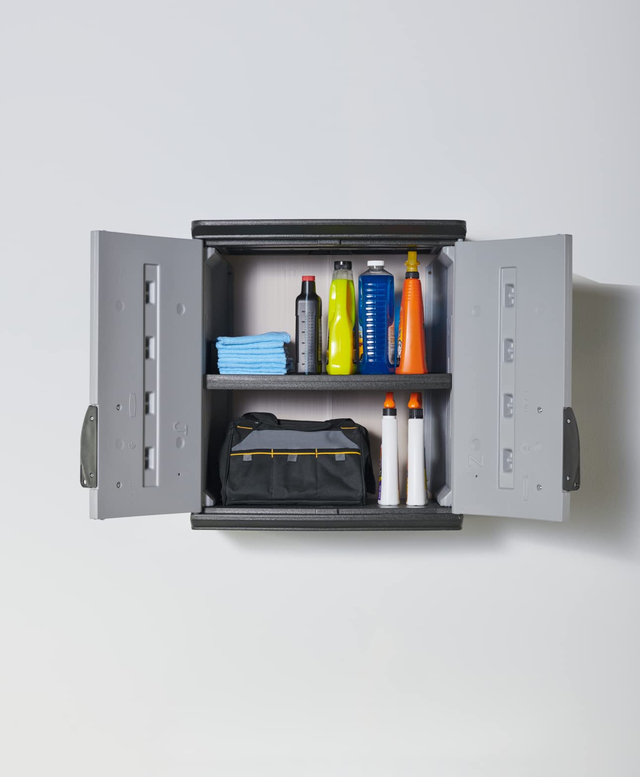 Rubbermaid Heavy Duty Wall Mounted Storage Cabinet - 150 lb Capacity, Lockable Gray 3-Shelf Organizer for Tools, Car Accessories & Cleaning Supplies | Perfect for Garage, Home & Outdoor Storage Organization