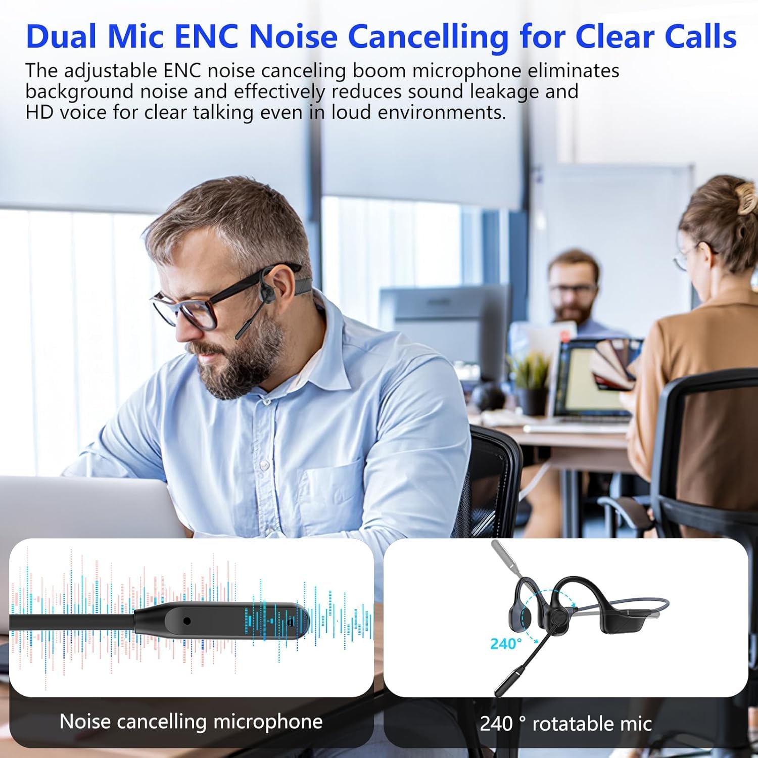 Bone Conduction Headphones with Mic - Open-Ear Bluetooth Headphones with Noise Canceling Boom Mic | Wireless Stereo Headset for Running, Cycling, Workouts & Outdoor Activities | Perfect for Meetings, Driving, Home Office & Online Classes