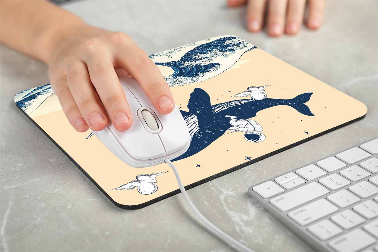 Ocean Wave Mouse Pad with Astronaut Riding Whale Design - Non-Slip Rubber Base Gaming Mousepad (7.9x9.5x0.12 Inch) for Office, Laptop & PC - Perfect for Work, Gaming & Creative Spaces
