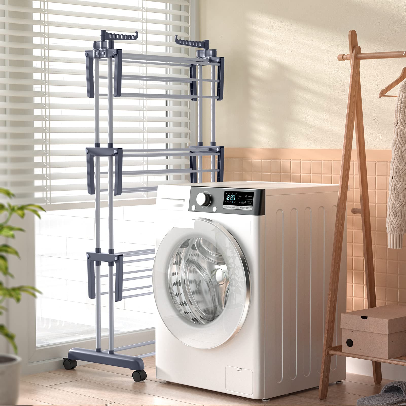YORKING 4-Tier Foldable Clothes Drying Rack with Wheels | Indoor & Outdoor Laundry Rack for Shirts, Pants, Towels | Space-Saving Garment Organizer for Apartments, Dorms, Balconies