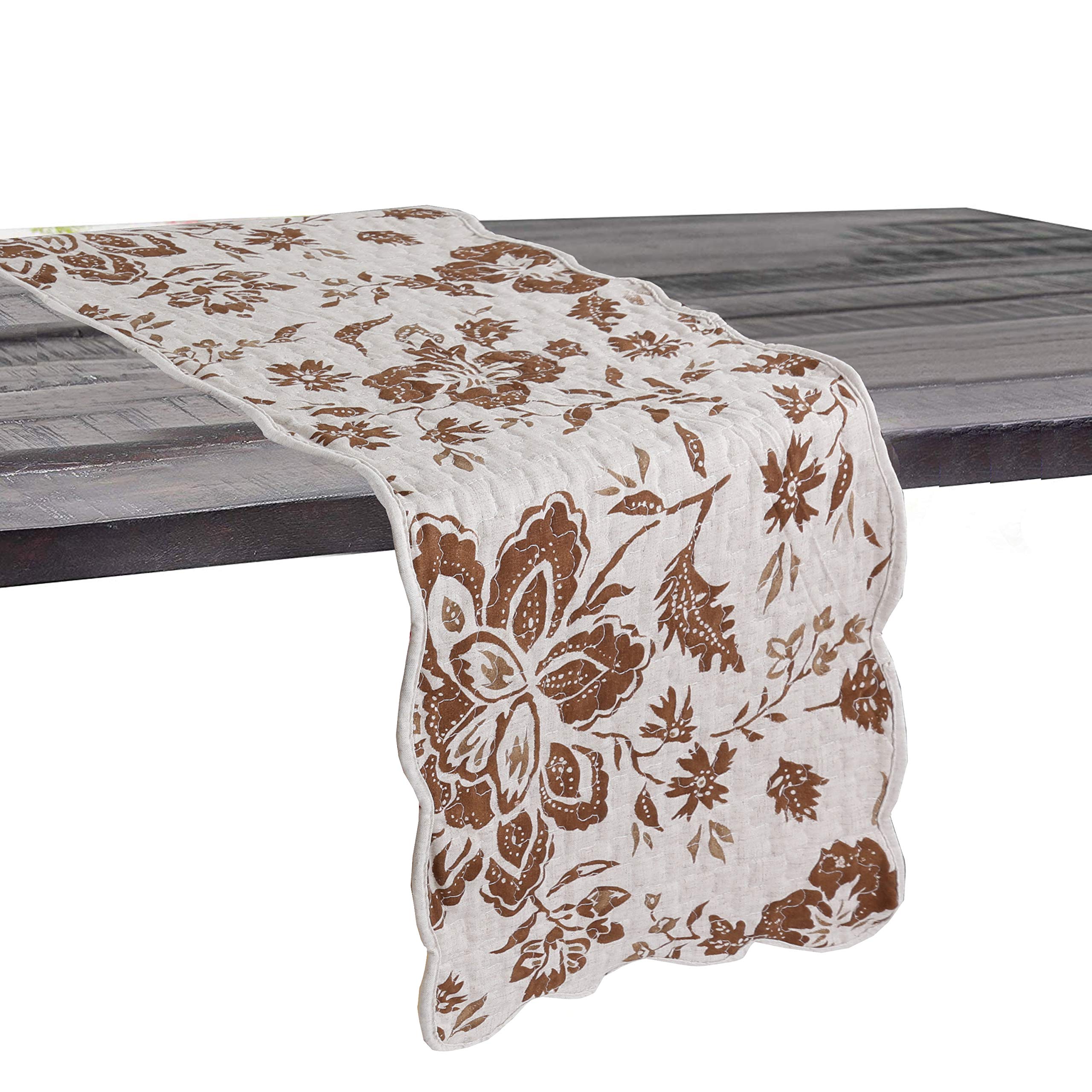 Cozy Line Home Fashions Quilted Linen Cotton Table Runner and Placemats Set - Chocolate Flower Pattern (4 Placemats + 1 Runner) for Dining Table Decor, Holiday Dinner Parties & Home Staging