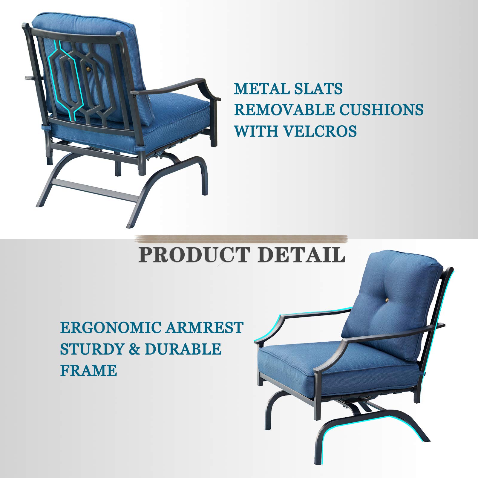 Outdoor Patio Bistro Set - 2 Metal Frame Armchairs with Thick Cushions & Side Table - Blue Garden Furniture for Balcony, Porch, Backyard - Perfect for Relaxing, Dining & Entertaining Outdoors