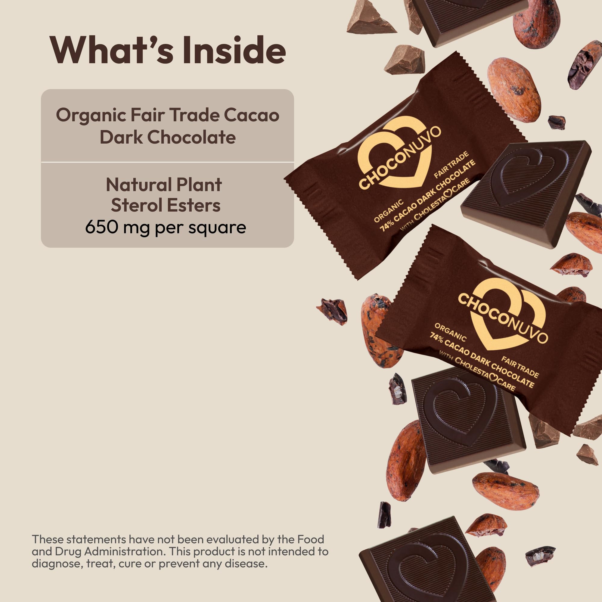 ANDREW LESSMAN ChocoNuvo 74% Cacao Dark Chocolate - 180 Organic Fair Trade Pieces with Plant Sterols for Healthy Cholesterol | Low Calorie (26 Cal/Sq), Low Fat, Low Sugar | Perfect for Healthy Snacking & Heart-Conscious Diets