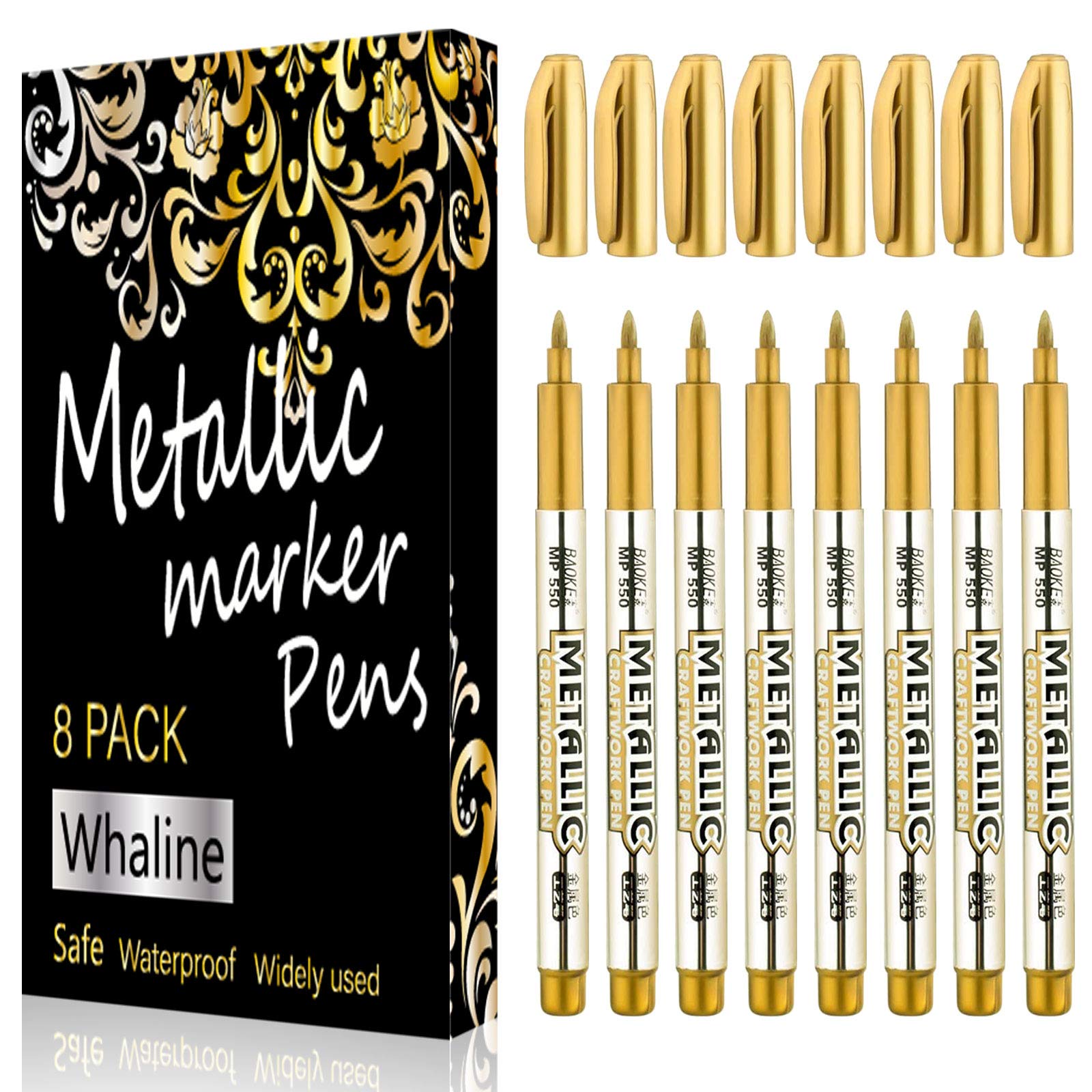 Whaline 8-Piece Metallic Gold Permanent Marker Pens Set - Fine Tip Drawing Pens for Card Making, Scrapbooking, Art Crafts, Wedding Guest Books & DIY Projects - Perfect for School, Office & Creative Gift Giving