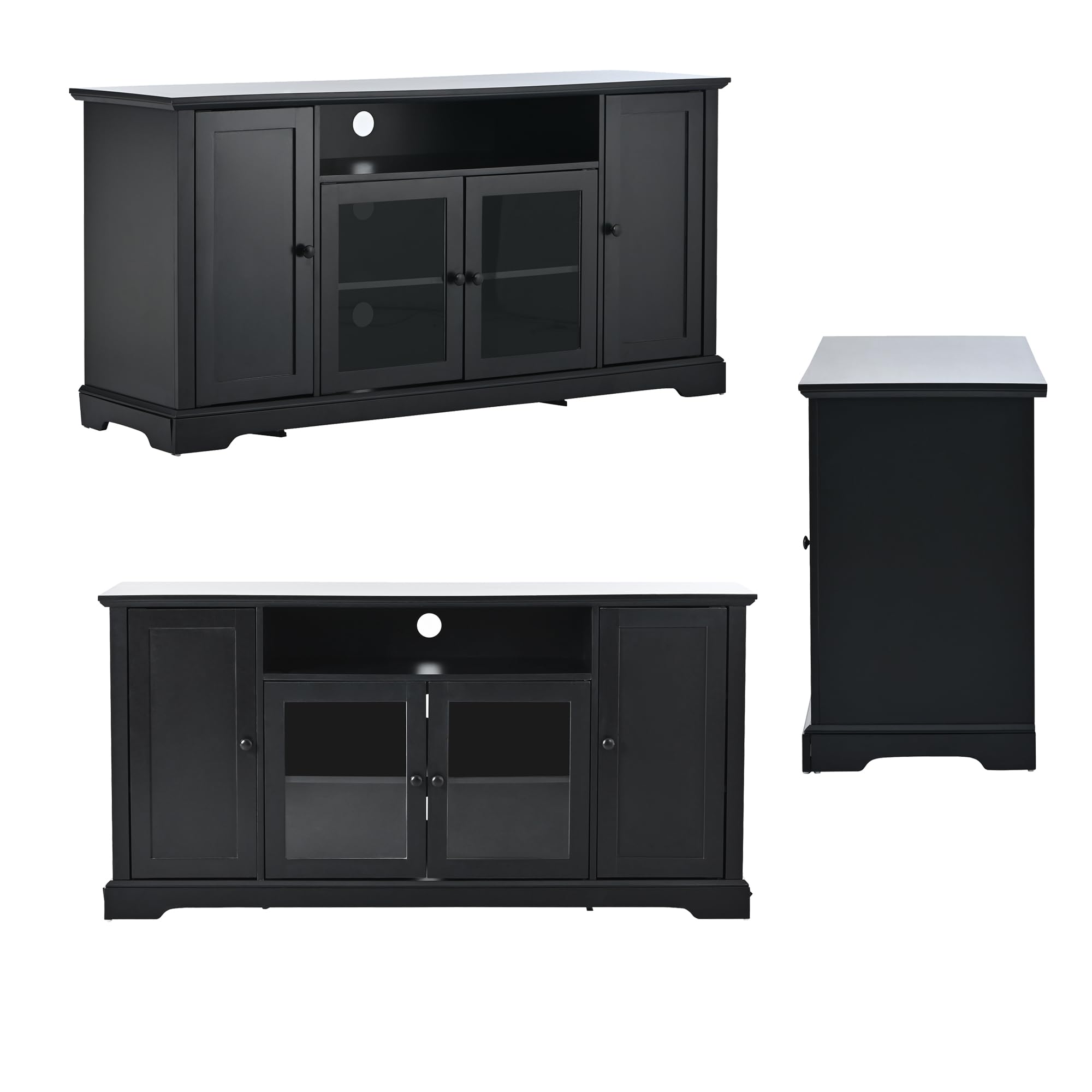 Modern Wooden TV Stand for 65 Inch TVs - Traditional Entertainment Center with Adjustable Shelves & Tempered Glass Doors - 59.8 Inch Black Storage Cabinet - Perfect for Living Room, Home Theater & Media Organization