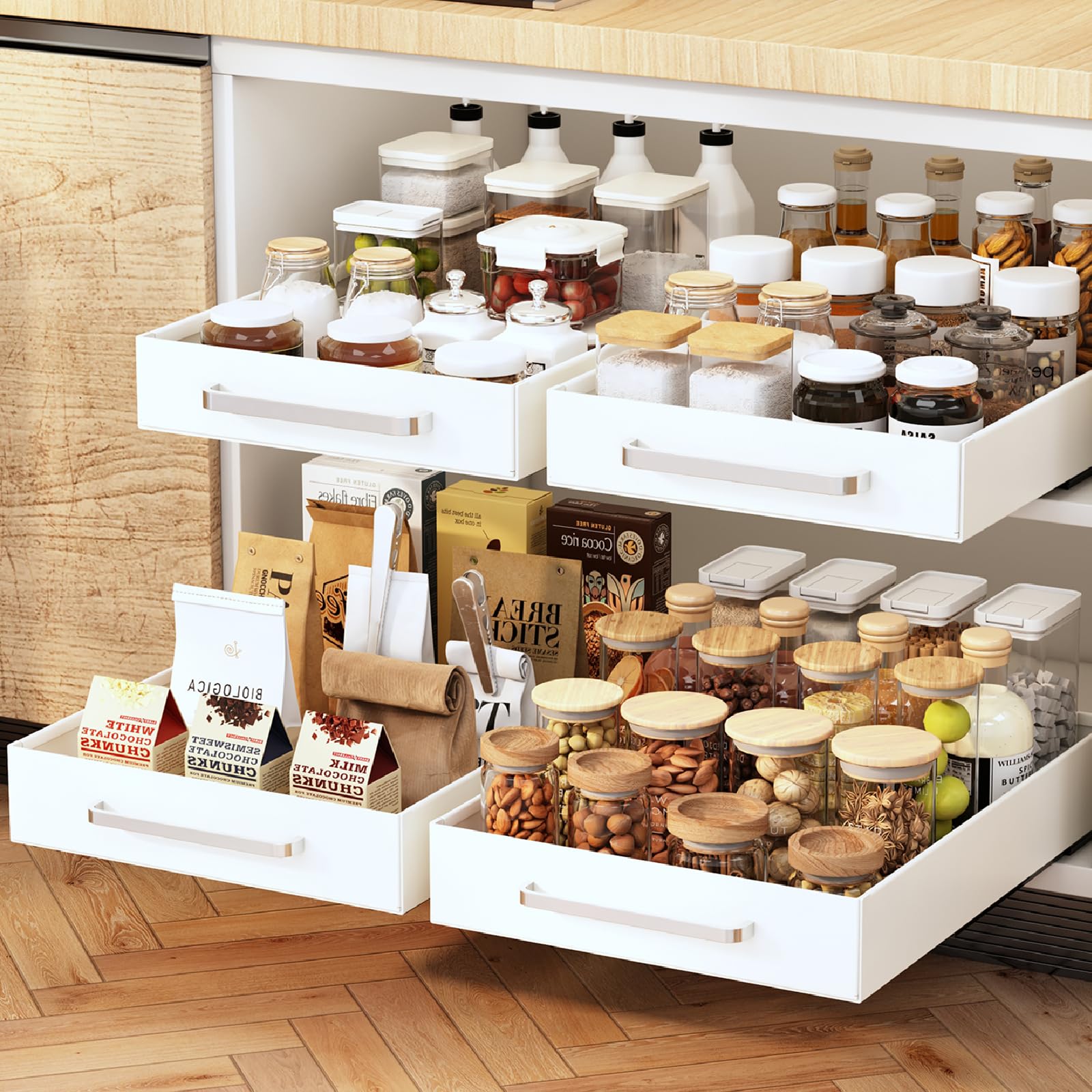 2-Pack Pull Out Cabinet Organizer - Peel & Stick Sliding Drawers for Kitchen Cabinets & Pantry - White | Space-Saving Storage Solution for Spices, Utensils & Small Appliances