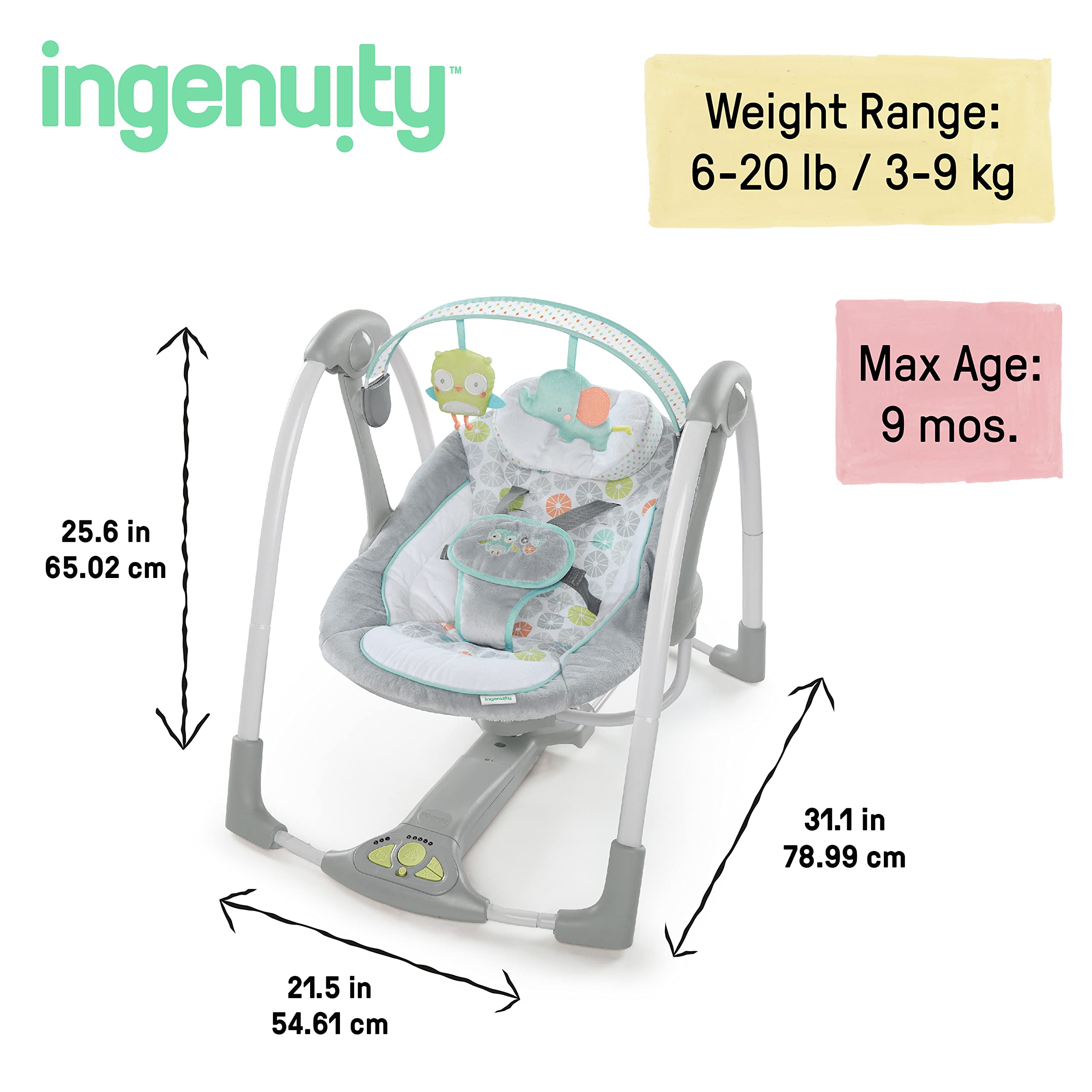 Ingenuity Swing 'n Go 5-Speed Baby Swing - Foldable, Portable Infant Swing with 2 Plush Toys & Soothing Sounds for Newborns 0-9 Months (6-20 lbs) | Perfect for Nursery, Travel & On-the-Go Parents (Hugs & Hoots)