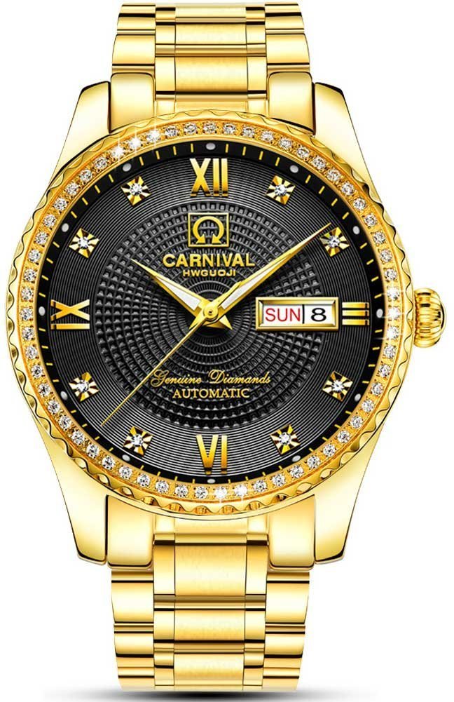 Gosasa Swiss Made Men's Luxury Gold Watch - Automatic Analog Display with Calendar, Week Indicator & Luminous Hands - 18K Gold Plated Stainless Steel Diamond Watch for Business, Formal Events & Gifts