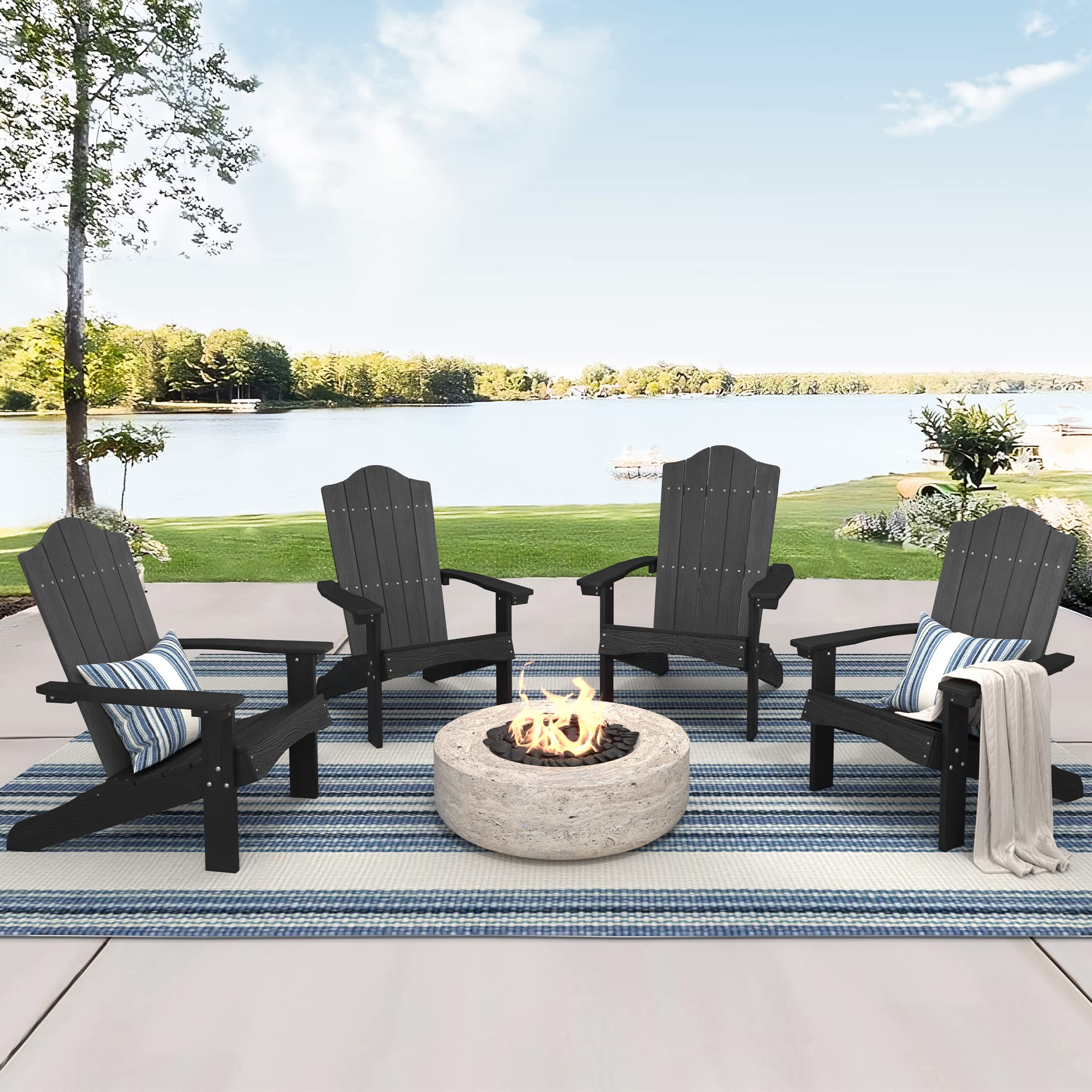 LUE BONA Adirondack Chairs Set of 4 - Black Poly Outdoor Patio Furniture, Modern Plastic Adirondack Chairs with Fire Pit, Weather-Resistant for Deck, Poolside, Garden & Backyard Relaxation | Perfect for Lounging, Campfires & Outdoor Entertaining
