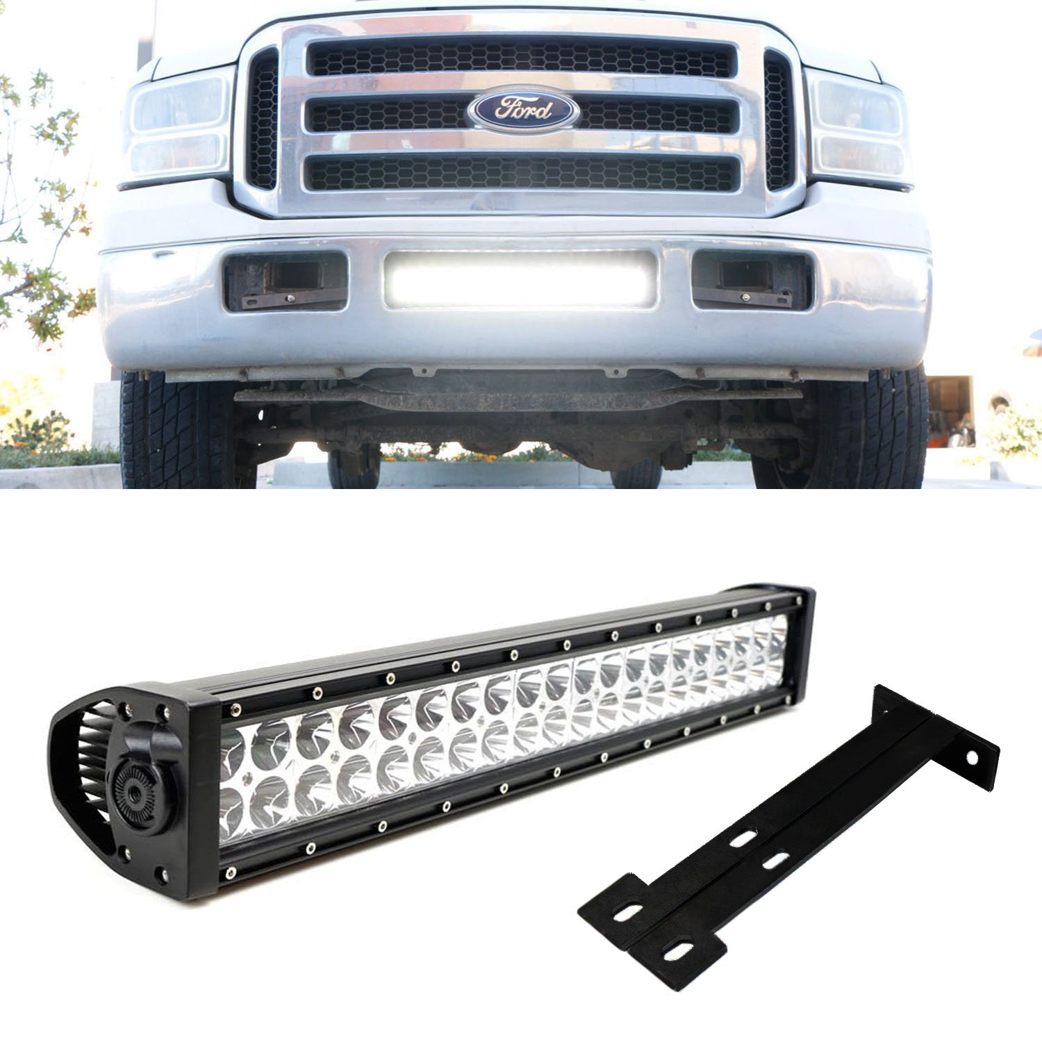 120W 20 LED Light Bar with Lower Bumper Bracket & Wiring Kit - Compatible with 1999-2007 Ford F250 F350 Super Duty Trucks - Perfect for Off-Roading, Night Driving & Emergency Lighting