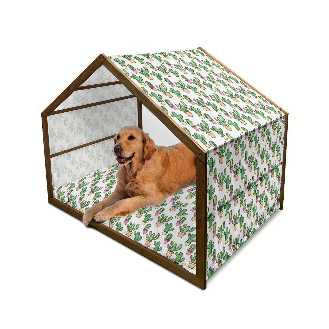Ambesonne Cactus Themed Wooden Dog House - XL Indoor/Outdoor Pet Kennel with Removable Pillow & Cover, Cartoon Flower Pot Design in Peach Pink Green - Perfect for Backyard, Patio or Living Room Pet Space