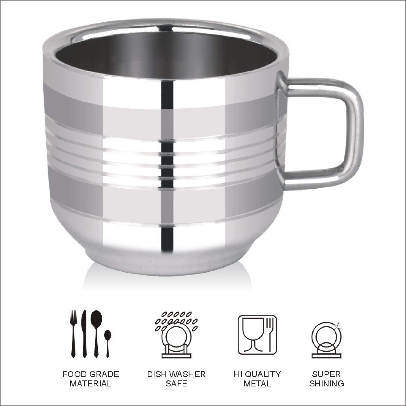 Premium Set of 6 Stainless Steel Espresso Cups - 100ml (3.3oz) Mirror Finish Mini Coffee Mugs for Latte, Cappuccino & Tea | Reusable, Durable & Dishwasher Safe | Perfect for Home, Office & Cafe Use