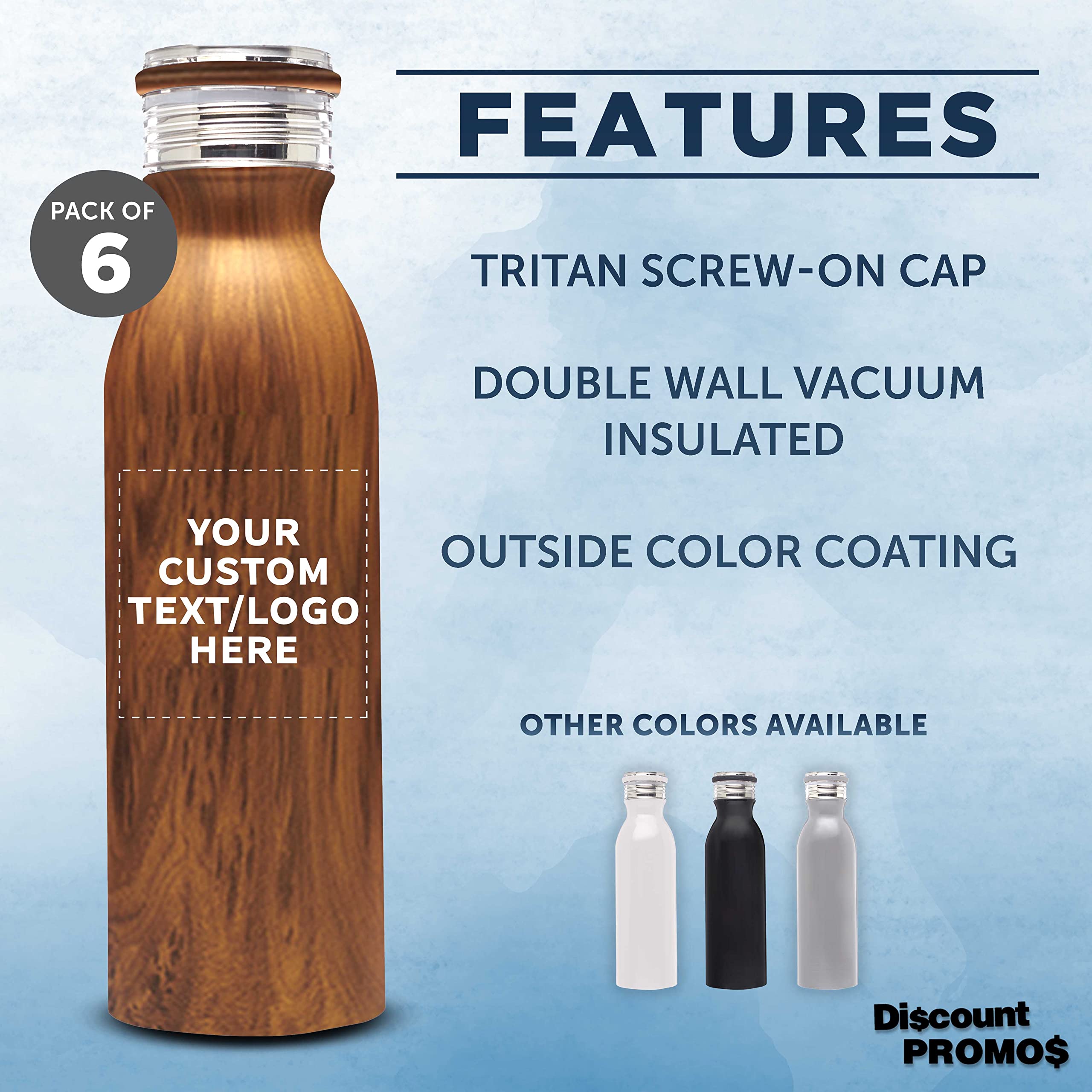 Echo 20 oz Custom Stainless Steel Water Bottles Set of 6 - Personalized Bulk Pack with Double Wall Insulation - Ideal for Coffee, Tea, Soda & Cold Drinks - Perfect for Office, Gym, Hiking & Outdoor Activities - Wood Lid Design