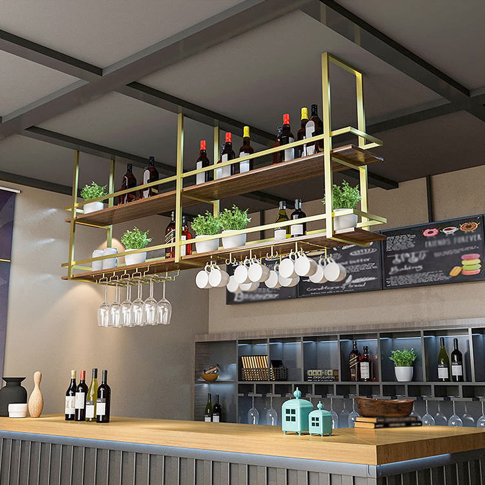 47.2in Gold Metal Ceiling Wine Glass Rack - 2-Tier Industrial Hanging Wine Bottle Holder with Glass Storage Shelf for Bar, Cafe, Kitchen | Perfect for Small Spaces & Stylish Wine Display (47.2×11.8×31.4in)