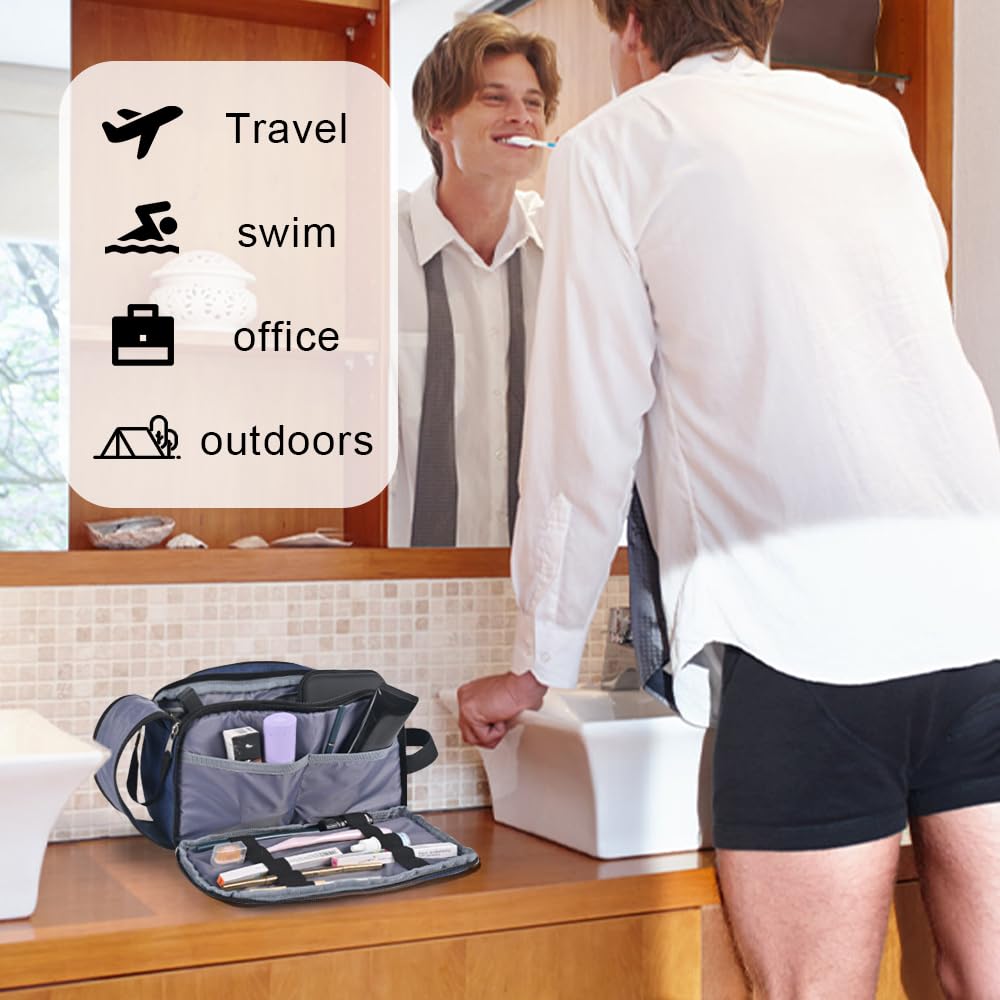 Waterproof Travel Toiletry Bag for Men - Navy Blue Dopp Kit with Multiple Pockets for Shaving Essentials & Grooming Accessories - Perfect for Business Trips, Gym, Camping & Daily Use