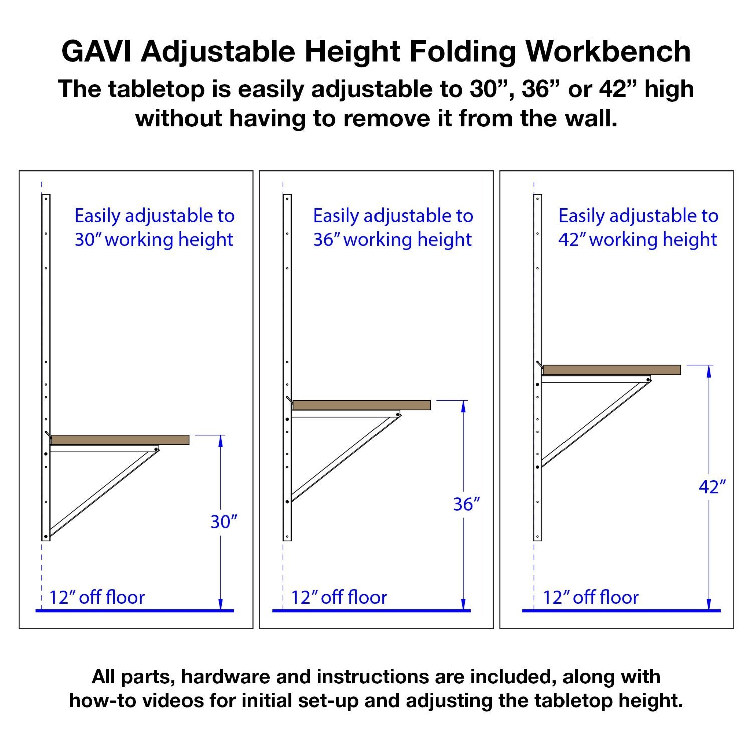 Heavy Duty Adjustable Height Folding Workbench with Solid Wood Butcher Block Top - Wall Mount Garage Work Table for DIY, Woodworking, Home & Office Use by GAVI