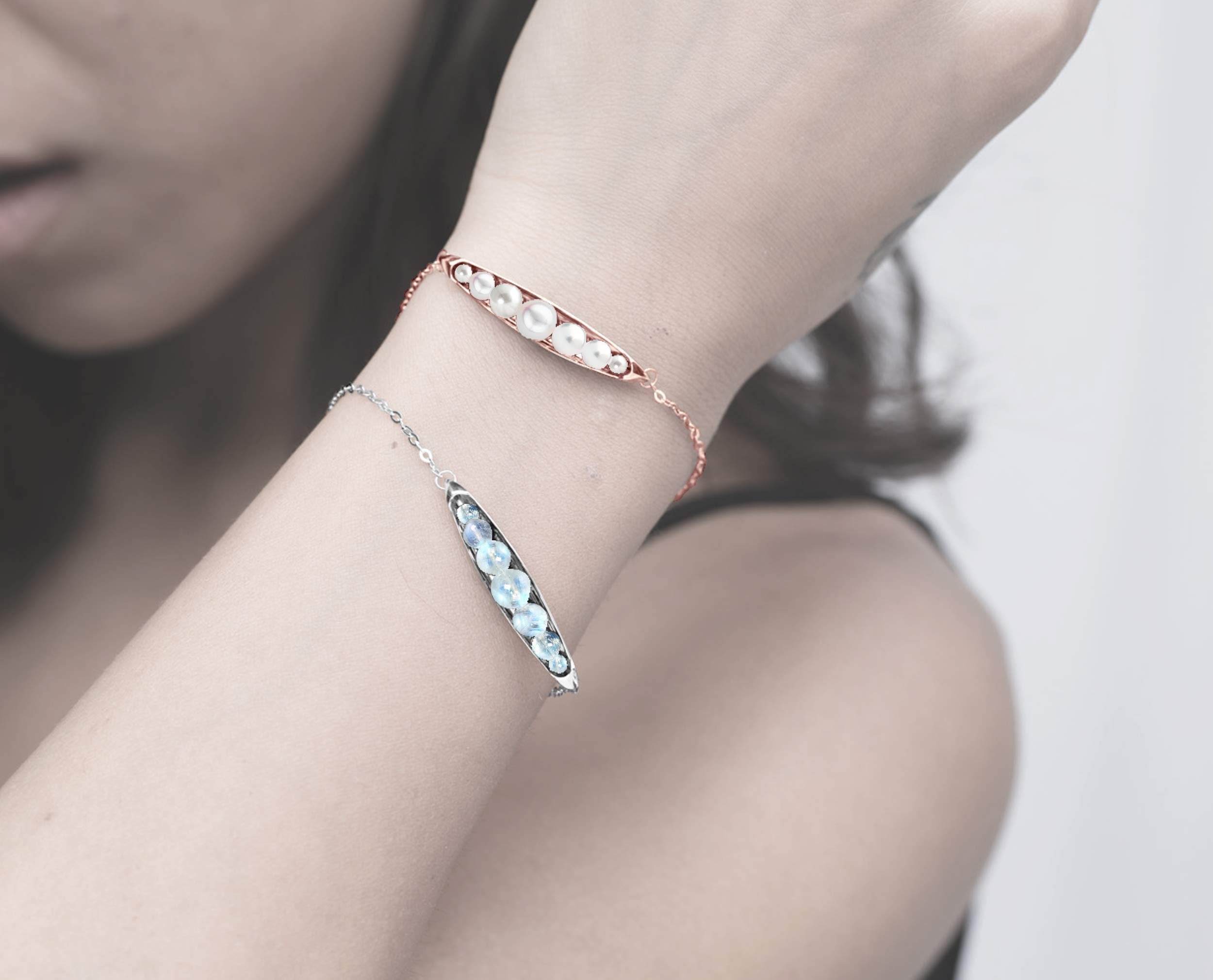 Majade 14K Rose Gold Pearl Bracelet - Handmade Fertility Birthstone Jewelry for Mom, Minimalist White Silver Pearl Bar Bracelet, June Birthstone Pea in a Pod Design - Perfect for Mother's Day Gifts, Wedding Accessories & Special Occasions