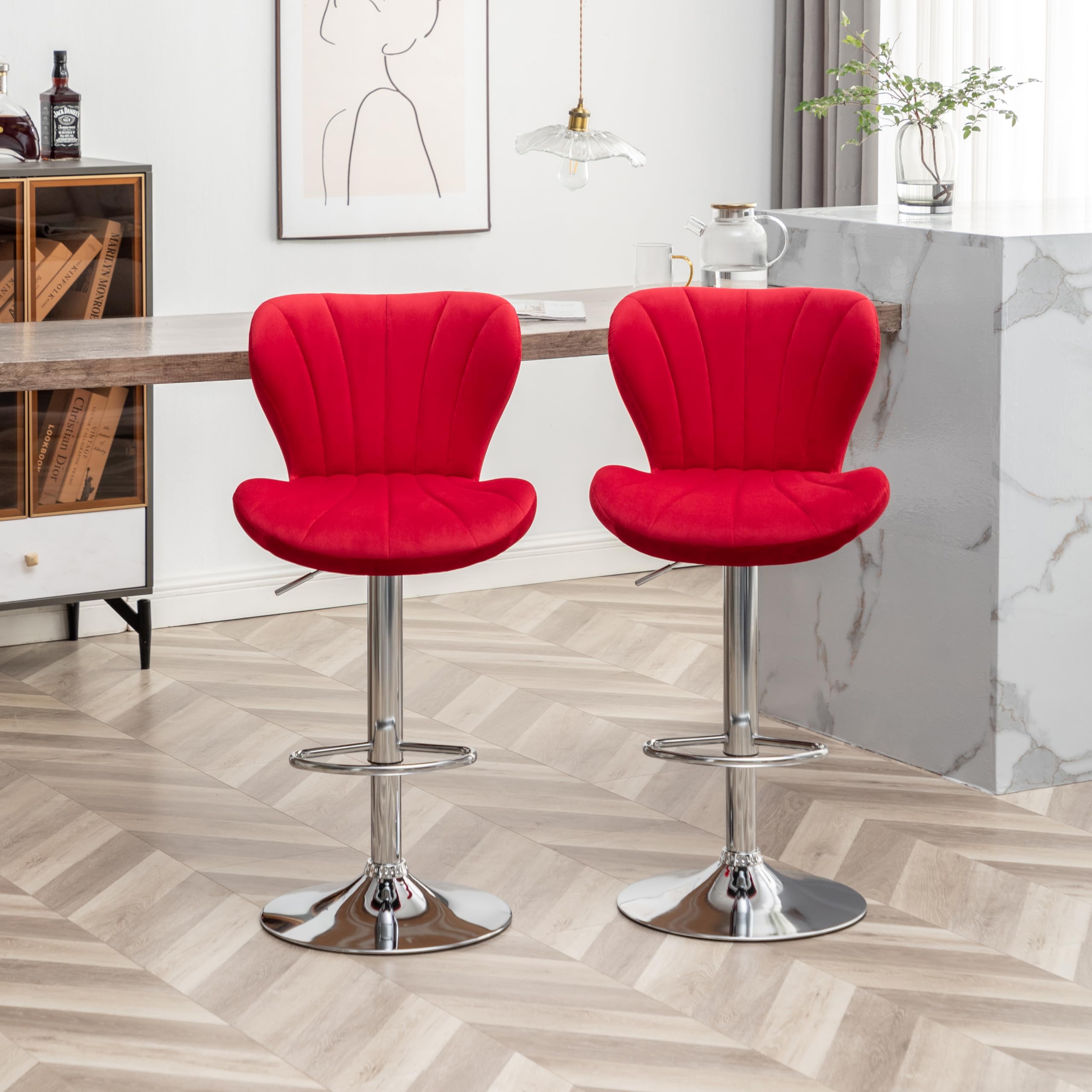 Roundhill Furniture Ellston Velvet Adjustable Swivel Bar Stools - Set of 2, Red Velvet Upholstered Counter Height Stools with Footrest - Perfect for Kitchen Island, Home Bar & Breakfast Nook