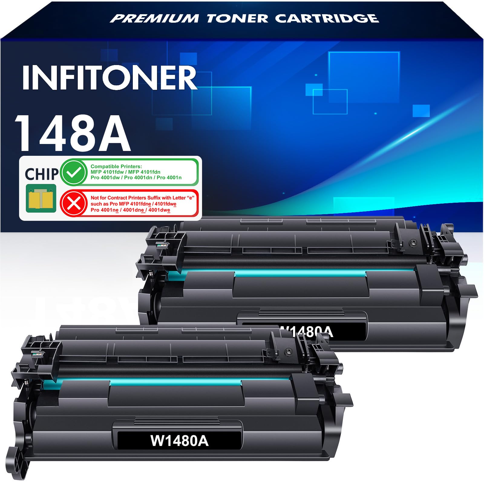 High Yield 148A Black Toner Cartridge 2-Pack (with Chip) - Compatible Replacement for HP 148A/148X/W1480A/W1480X - Works with HP LaserJet Pro 4001dw/4001dn/4001n/MFP 4101fdw/4101fdn Printers - Ideal for Office Printing & High Volume Documents