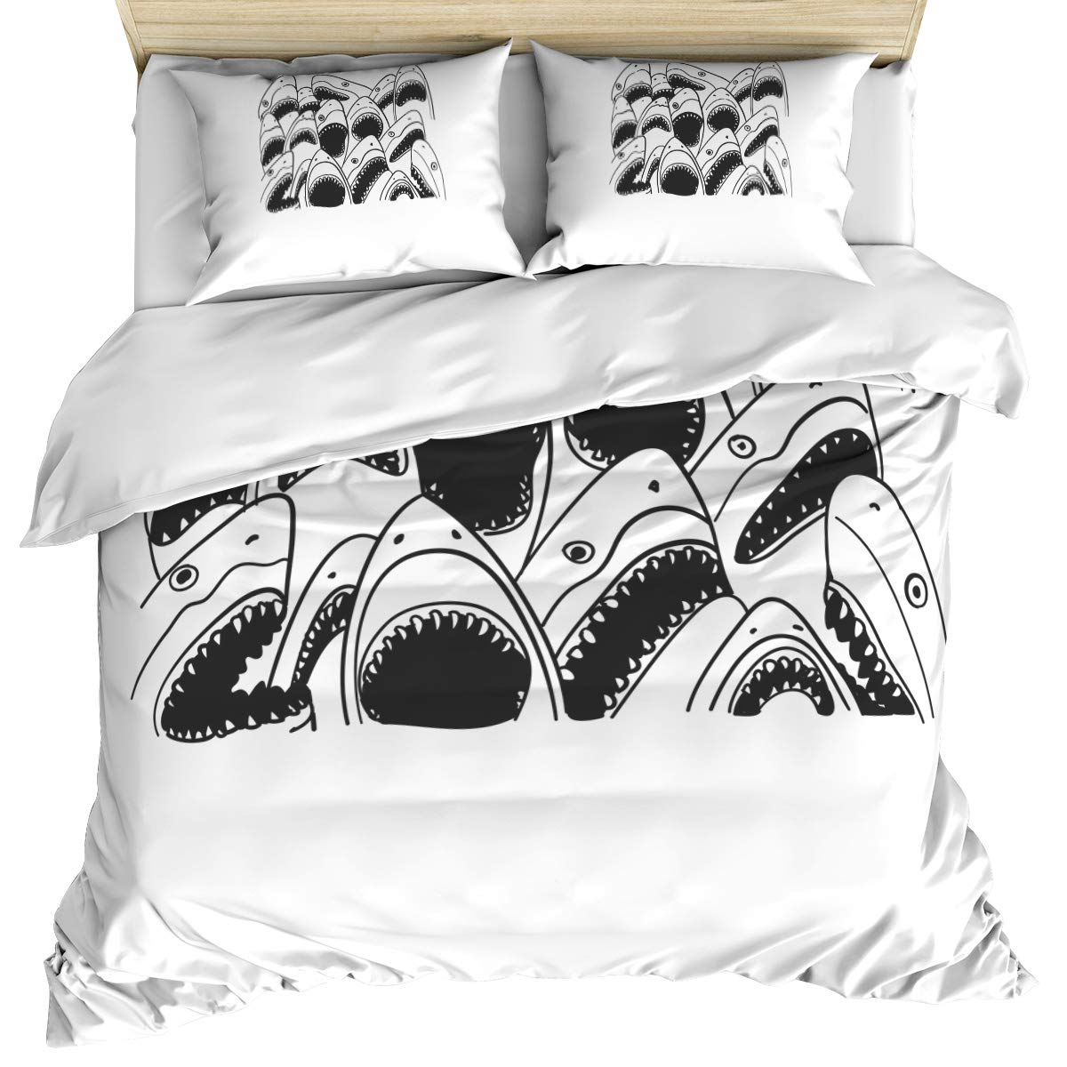 Crystal Emotion Shark Ocean Hand Drawn Art Duvet Cover Set - 3 Piece Full Size Ultra Soft Breathable Bedding with Corner Ties & Zipper Closure (1 Duvet Cover + 2 Pillow Shams) - Washed Cotton for Cozy Bedroom Decor, Kids Room or Beach House Theme