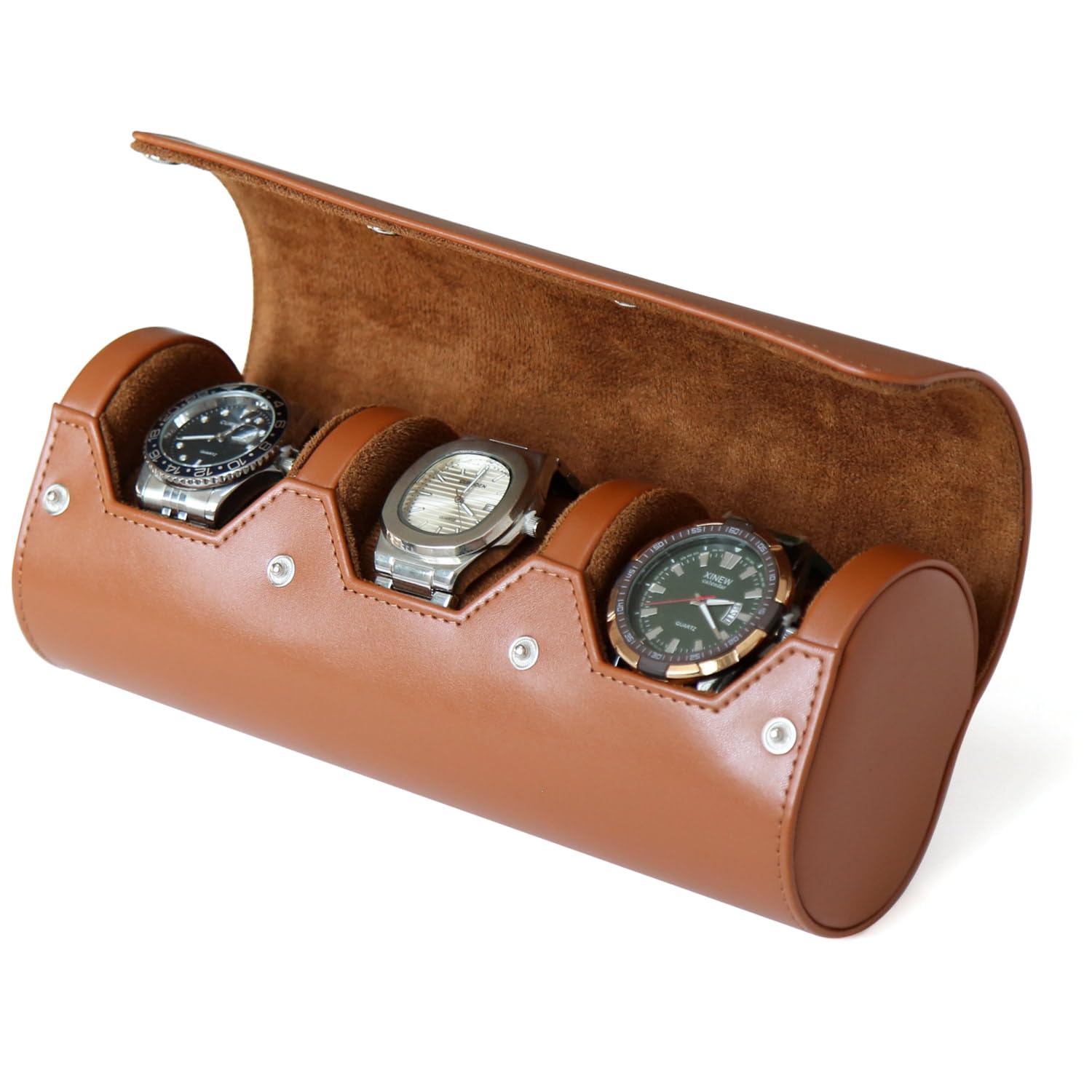 Premium Men's Watch Box Organizer - Portable Travel Watch Case with Velvet Lining for 3 Watches - Large Watch Storage Display (Light Brown) - Perfect for Travel, Home Display & Watch Collection Organization