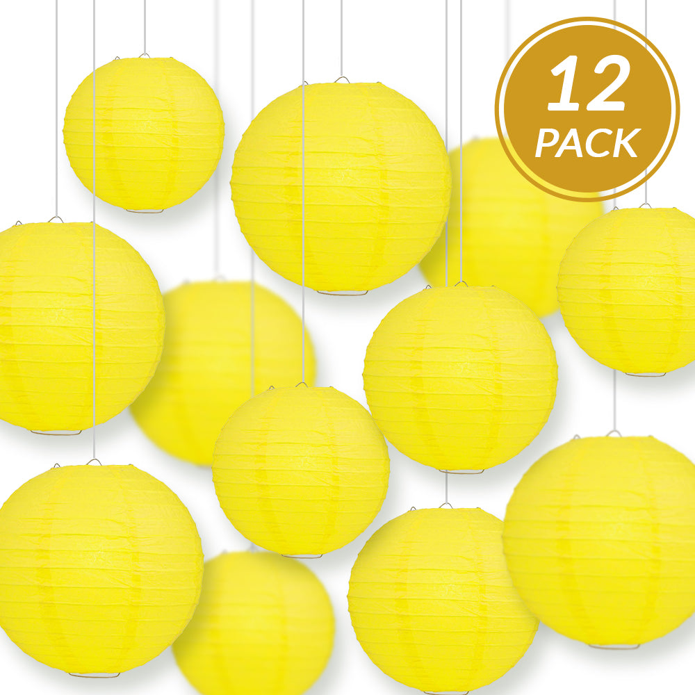 12-Piece Yellow Chinese Paper Lanterns Set - 12/10/8 Inch Hanging Decorations for Wedding, Party & Festival Decor - Perfect for Asian-Themed Events, Home Decor and Outdoor Celebrations