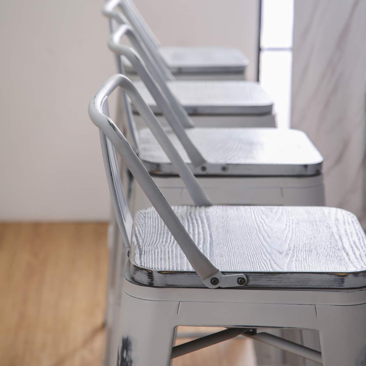 **Industrial Metal Bar Stools Set of 4 - 30 Inch Counter Height Bar Stools for Kitchen, Dining & Home Bar - Distressed White Finish - Durable & Stylish Seating for Modern Spaces**