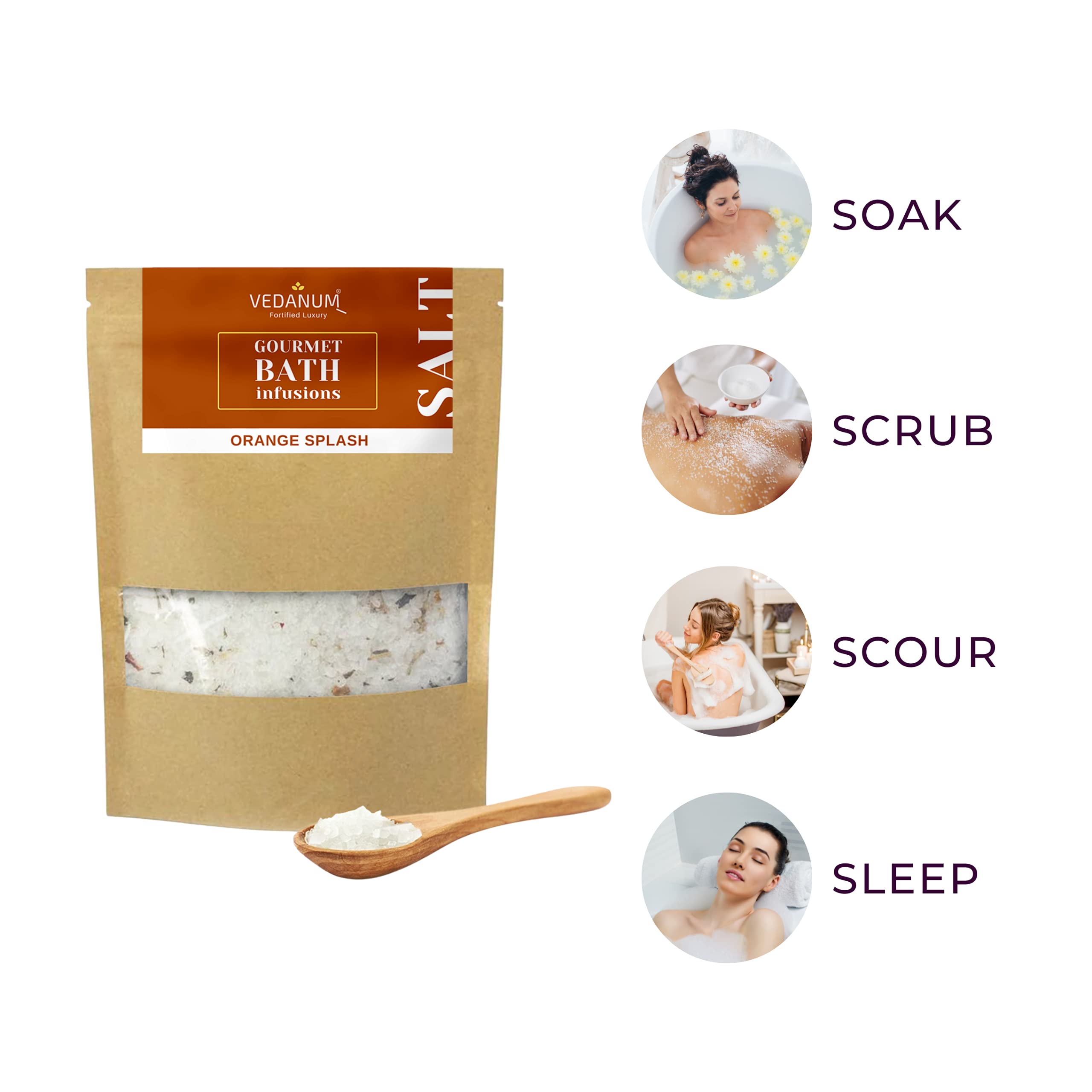 Vedanum Gourmet Aromatherapy Bath Salt with Pure Epsom Salt, Himalayan Pink Salt & Orange Peel - Muscle Relief, Acne Treatment, Pain Relief & Relaxation | Spa, Foot Soak, Stress Relief & Sleep Aid for Home Wellness